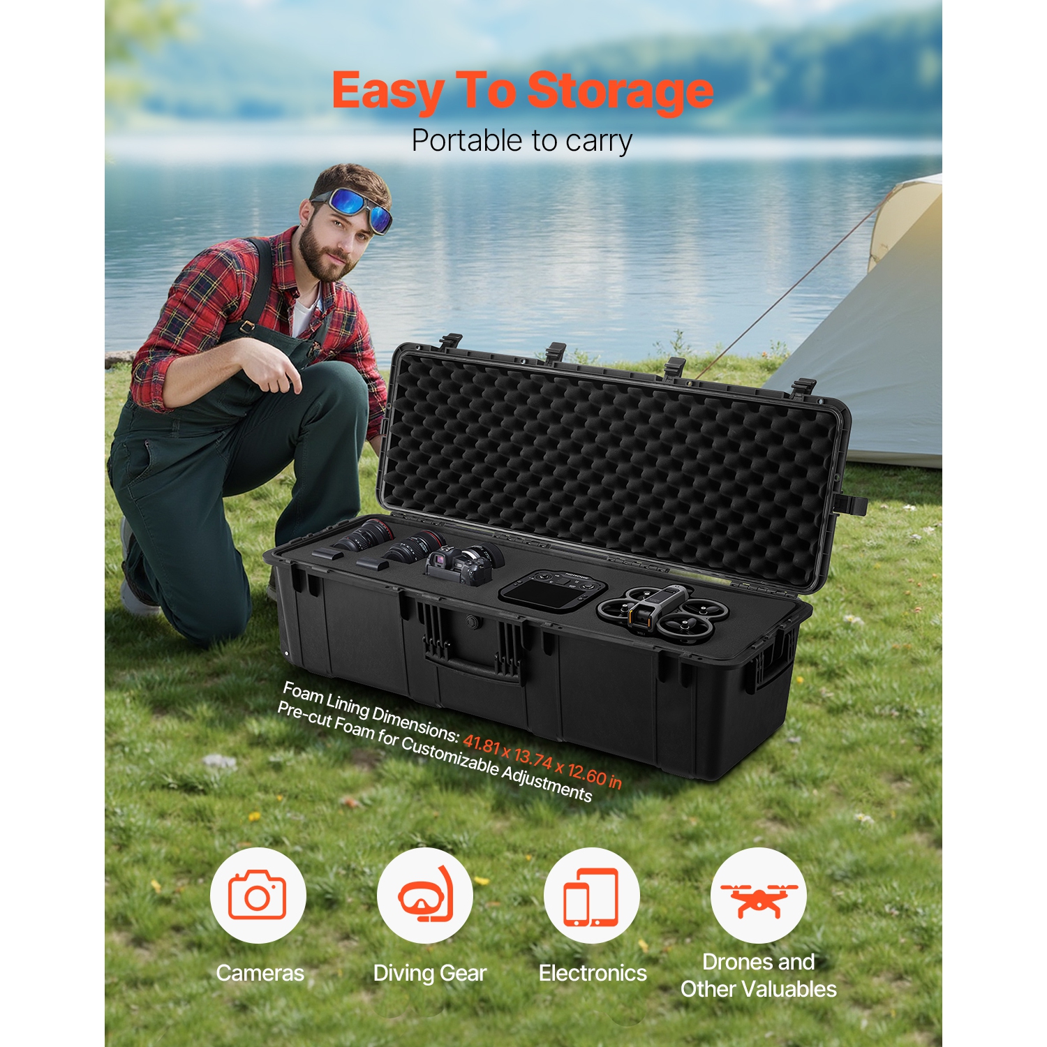 VEVOR 112x41x34 Weatherproof Hard Case, Heavy Duty Protective Dry Box Case with Pre-Cut Foam & Retractable Pull Handles for Travel, Hunt, Tactical,