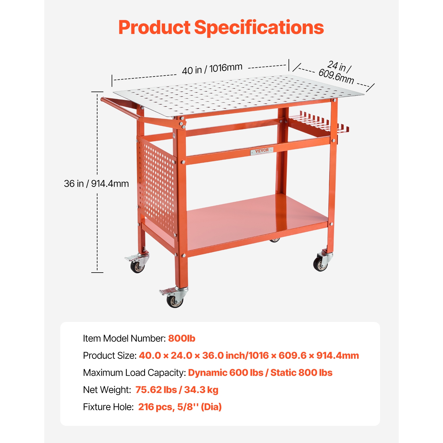 VEVOR 40" x 24" Welding Table,Table with 800LBS Static Weight Capacity, Movable Steel Work Bench with 4 Wheels,Double-Layer Storage Board and