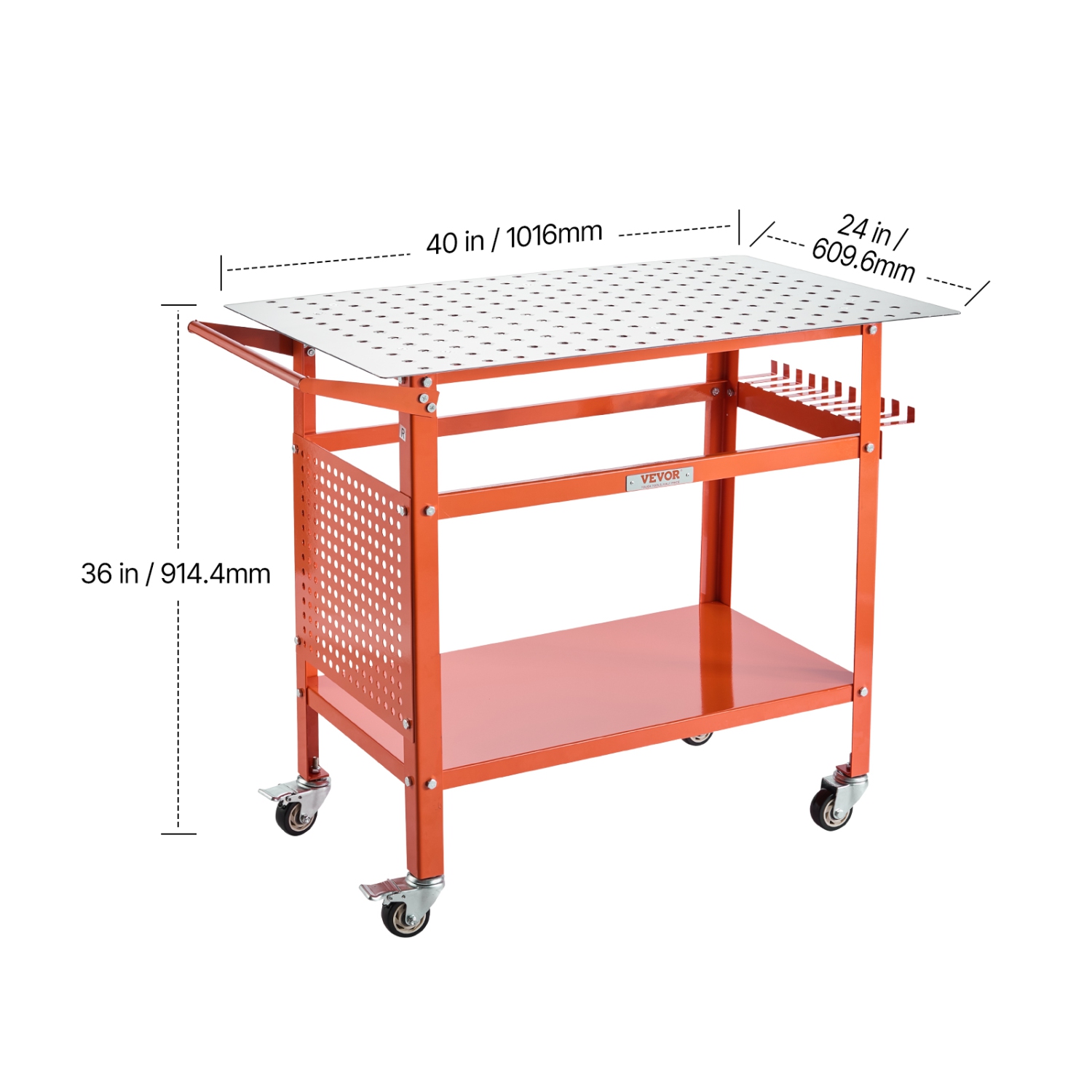 VEVOR 40" x 24" Welding Table,Table with 800LBS Static Weight Capacity, Movable Steel Work Bench with 4 Wheels,Double-Layer Storage Board and