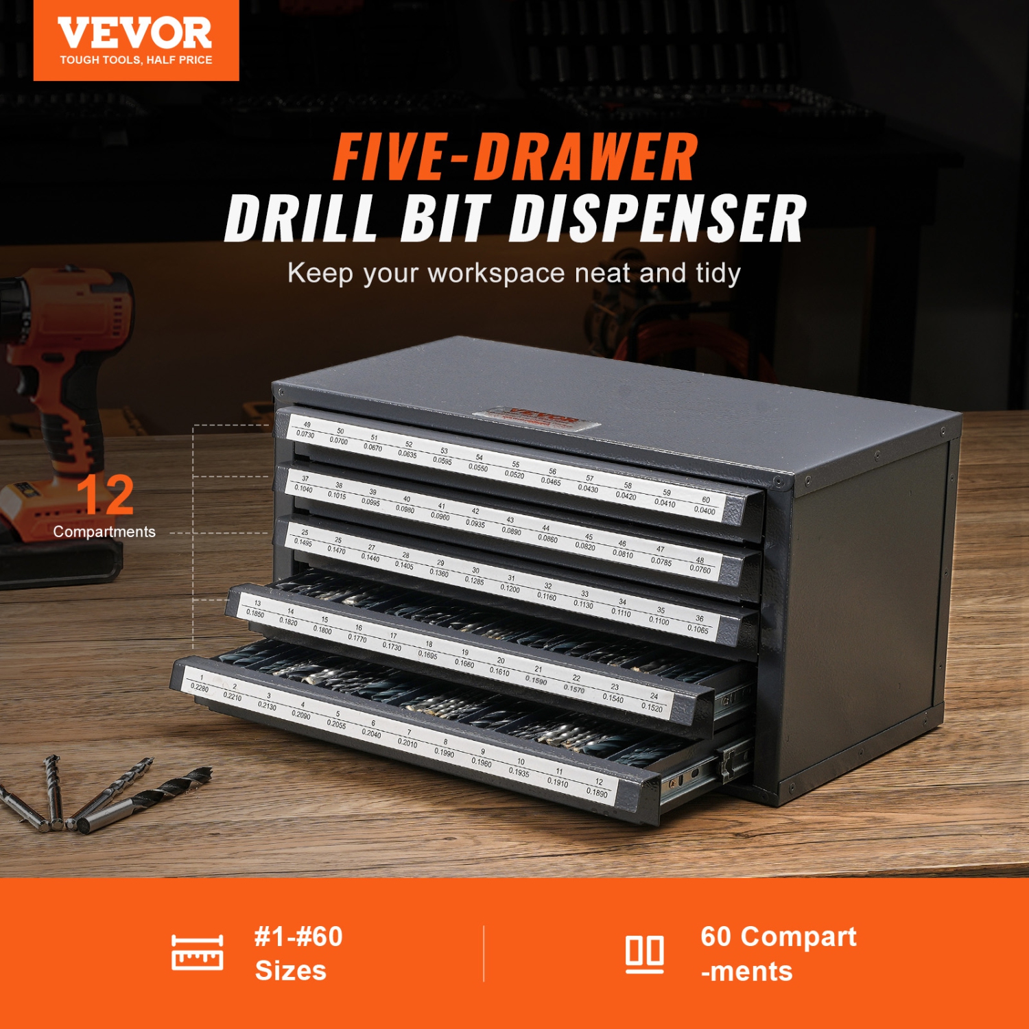 VEVOR Drill Bit Dispenser Cabinet, Five-Drawer Drill Bit Organizer Cabinet for 1 to 60 Steel Drill Dispenser Organizer Cabinet with Labels, Stackable