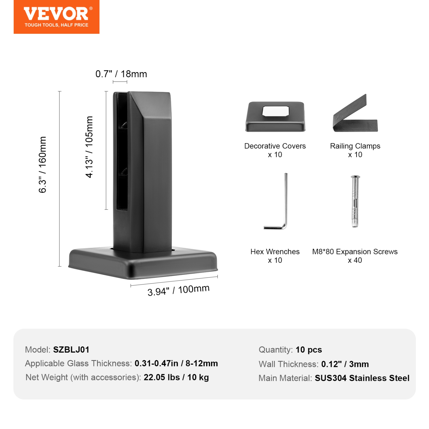 VEVOR 10 PCS Glass Clamp, Square Glass Railing Bracket for 0.31 "-0.47 " Tempered Glass, 304 Stainless Steel Glass Mounting Clamp,0.12” Thick Glass