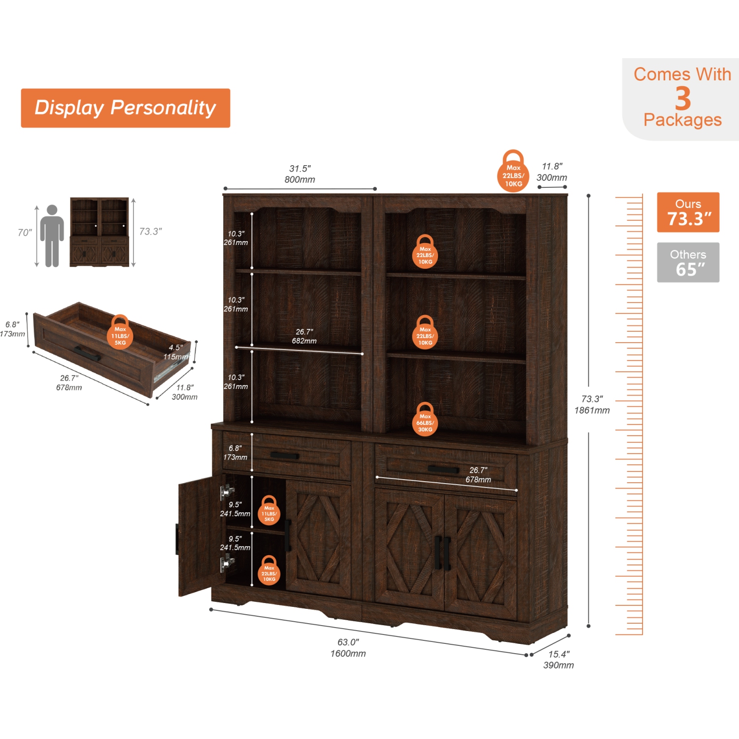 WAMPAT – Bibliothèque à 5 niveaux avec portes et tiroirs, grande bibliothèque de 73,3&nbsp;po avec 3 tablettes de rangement ouvertes pour la chambre,