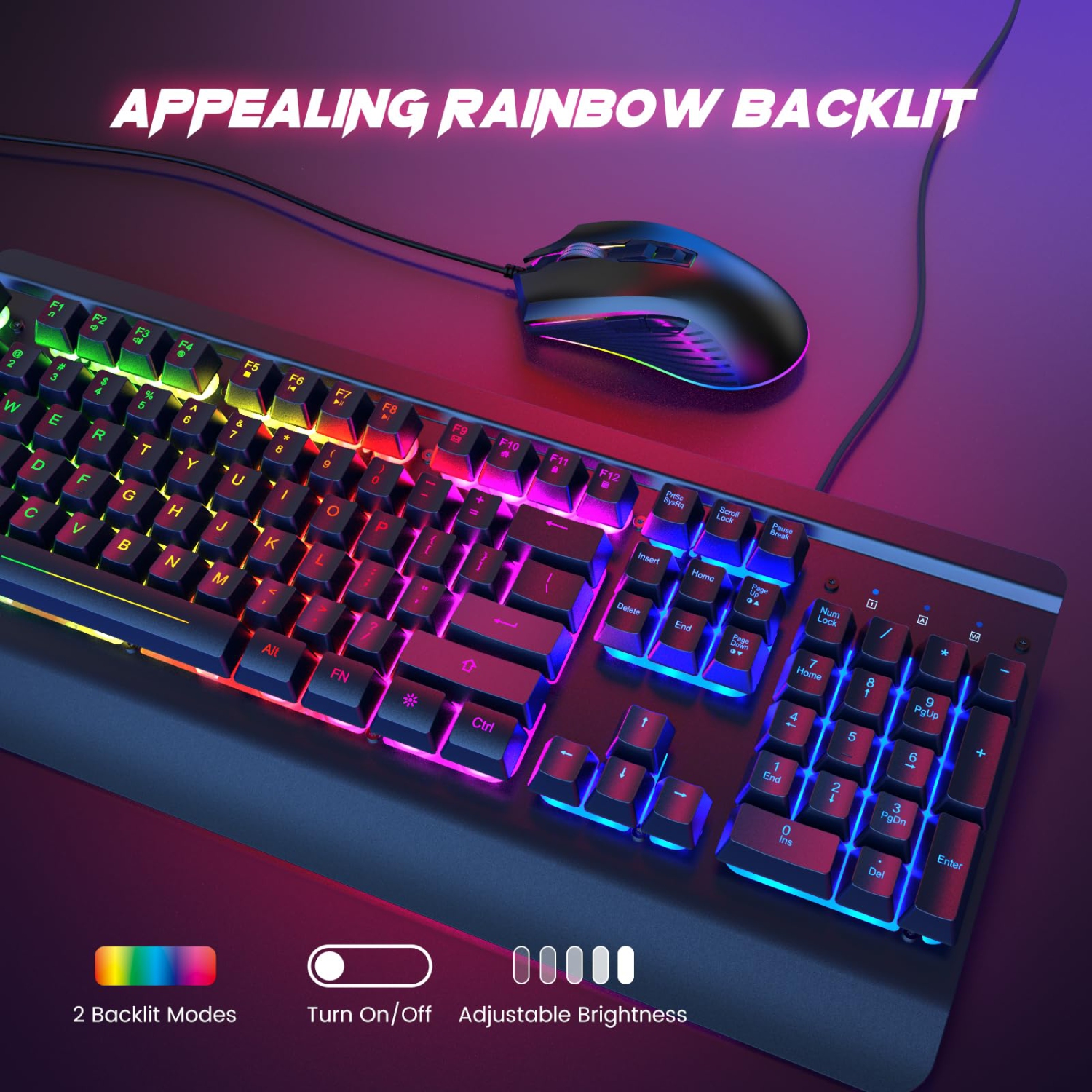 Gaming Keyboard and Mouse Combo, 104 Keys All-Metal Panel Light Up Silent Computer Keyboard, Wrist Rest, LED Backlit 4200 DPI Gaming Mouse, Wired