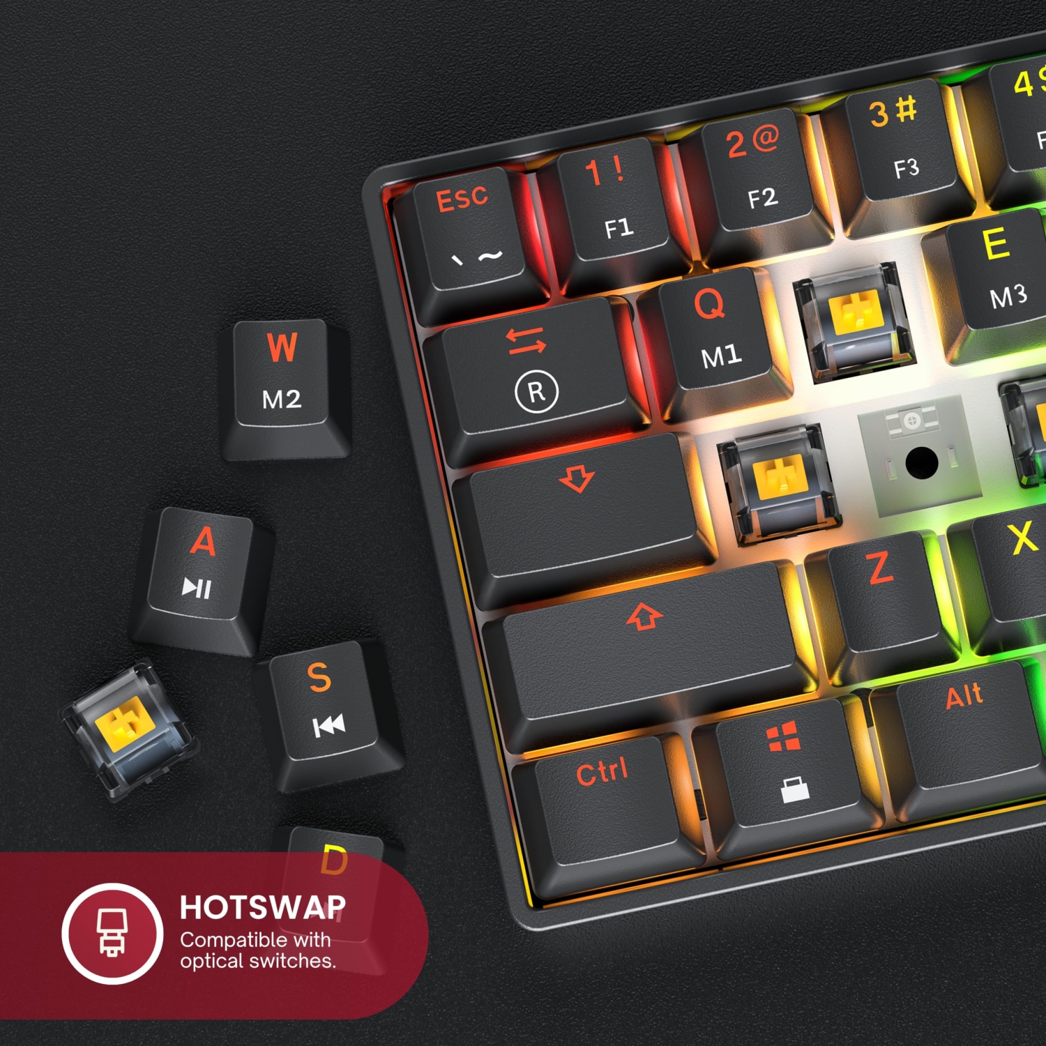 Clavier de jeu mécanique à 61 touches de remplacement à chaud; RVB; LED multicolore; Rétroéclairage pour PC/Mac; Ordinateur de jeu américain