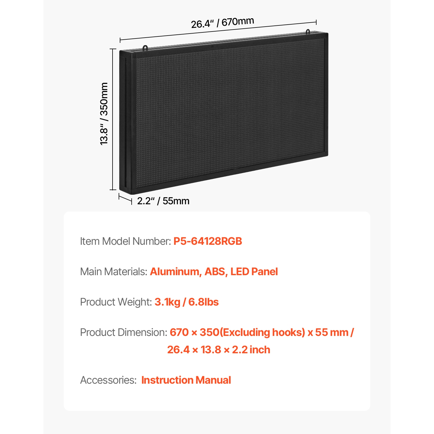 VEVOR 27x14 in Programmable LED Sign, P5 Full Color Flexible Digital Scrolling Panel, DIY Custom Text Pattern GIF Display, Bluetooth APP Control