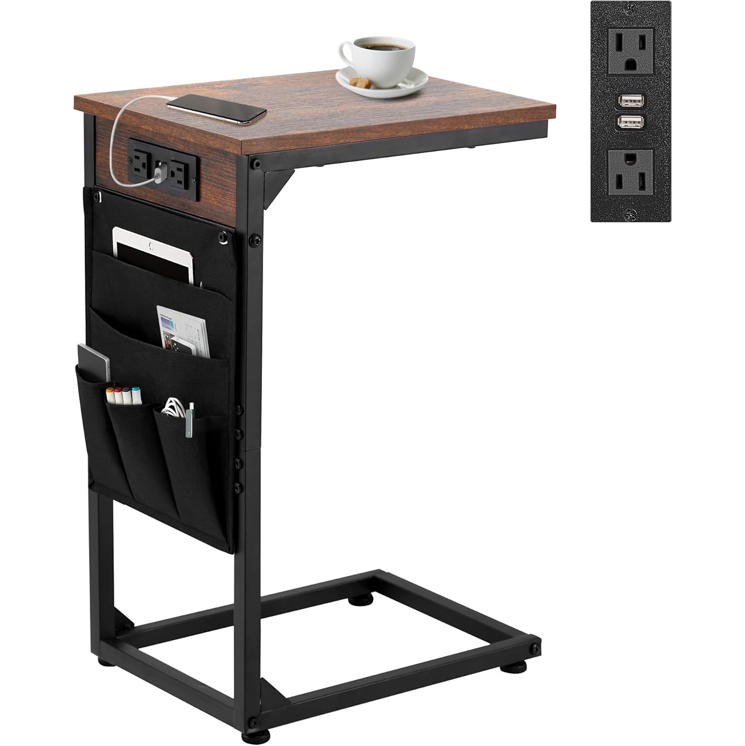 U-HOMY C-Shaped End Table with Charging Station – 2 USB Ports, 2 Outlets, 5 Storage Bags, Narrow Sofa Table for Living Room & Bedroom