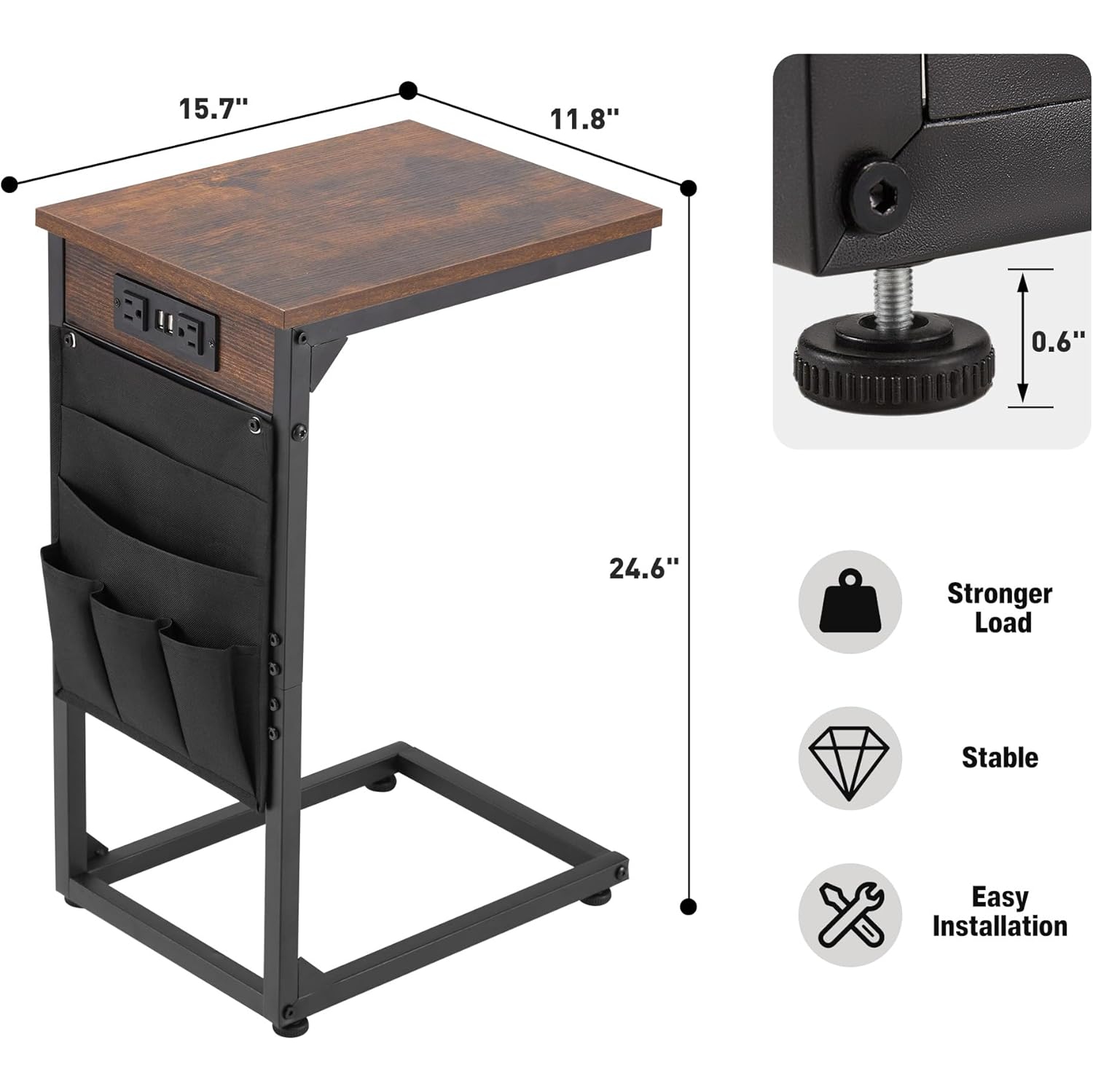 U-HOMY C-Shaped End Table with Charging Station – 2 USB Ports, 2 Outlets, 5 Storage Bags, Narrow Sofa Table for Living Room & Bedroom