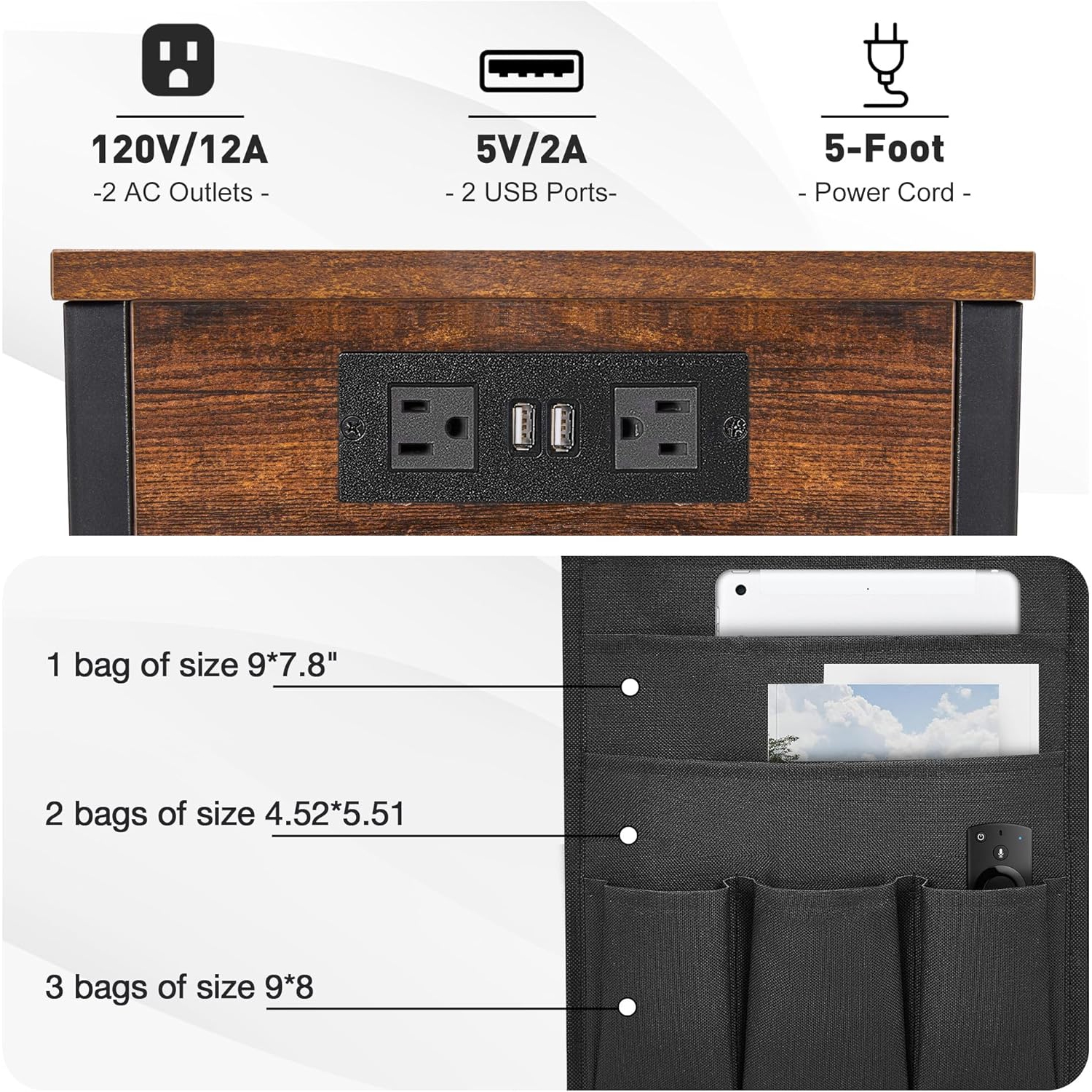 U-HOMY C-Shaped End Table with Charging Station – 2 USB Ports, 2 Outlets, 5 Storage Bags, Narrow Sofa Table for Living Room & Bedroom
