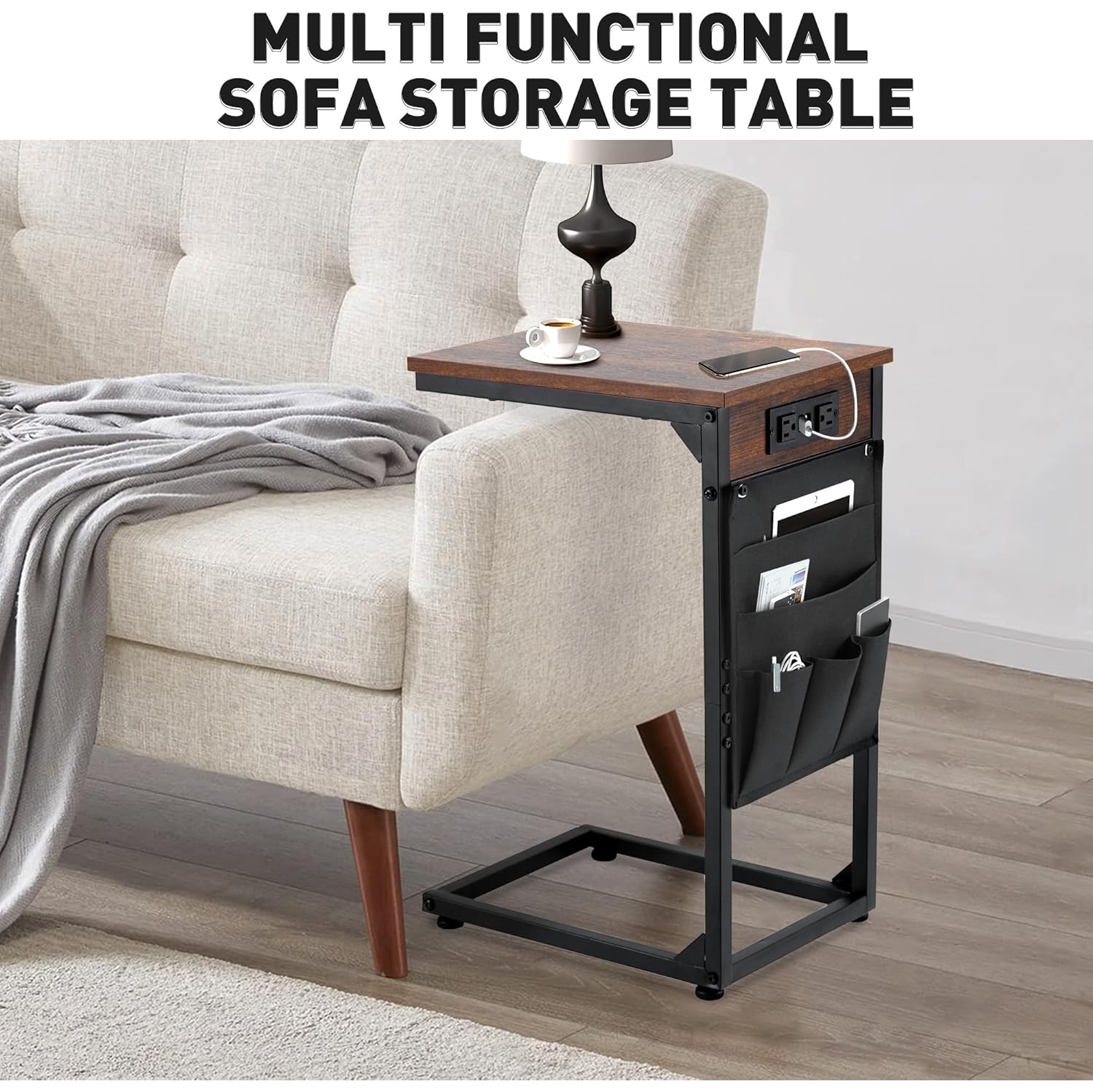 U-HOMY C-Shaped End Table with Charging Station – 2 USB Ports, 2 Outlets, 5 Storage Bags, Narrow Sofa Table for Living Room & Bedroom