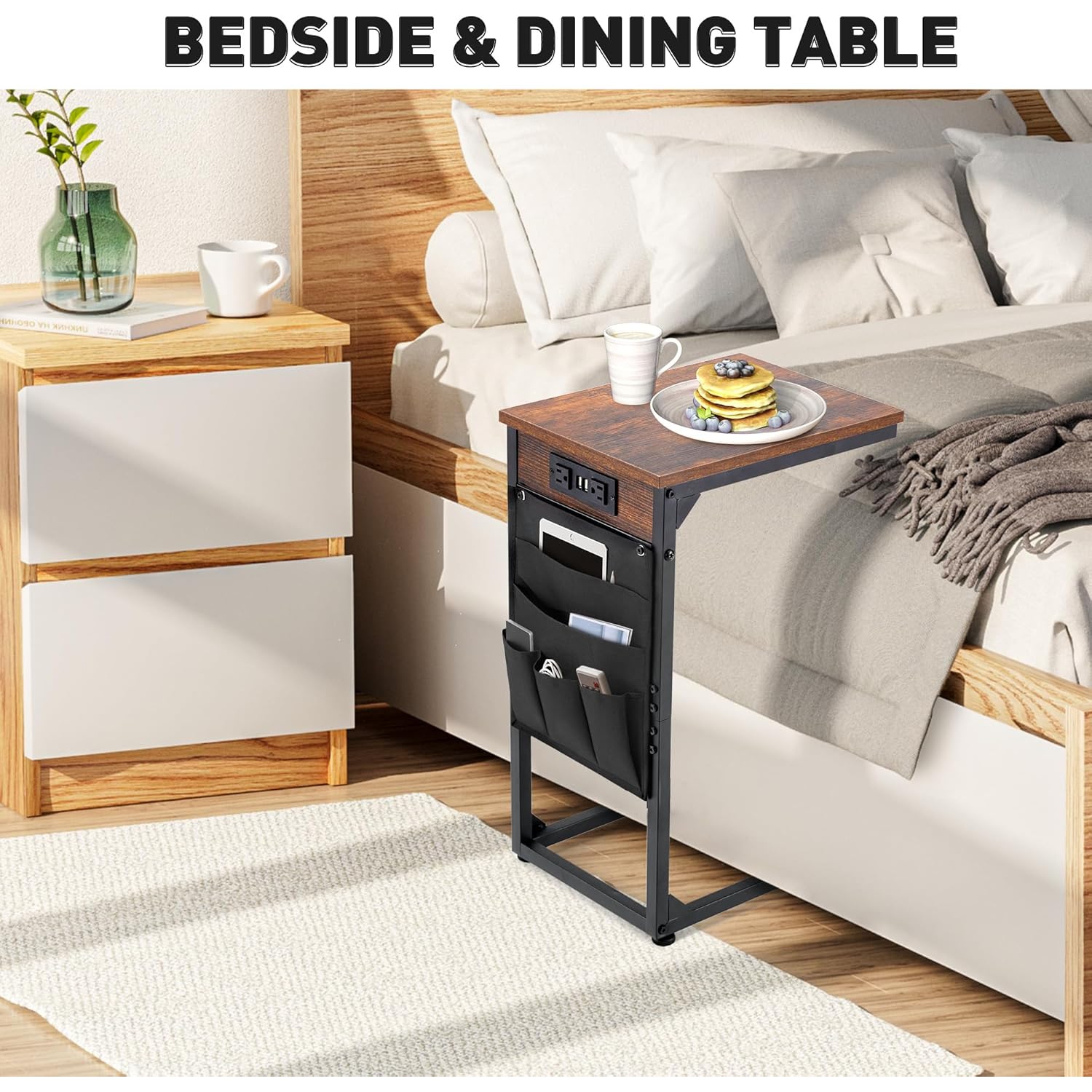 U-HOMY C-Shaped End Table with Charging Station – 2 USB Ports, 2 Outlets, 5 Storage Bags, Narrow Sofa Table for Living Room & Bedroom