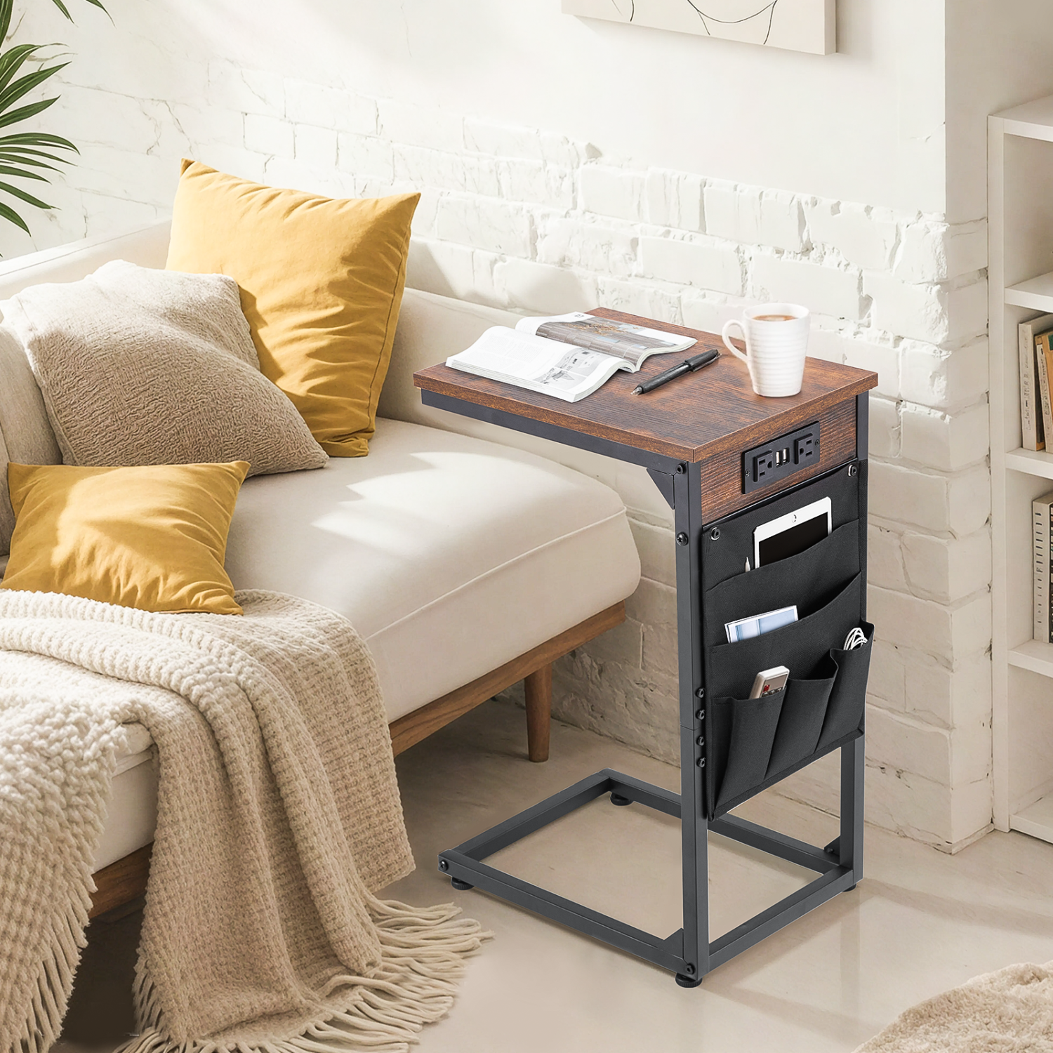 U-HOMY C-Shaped End Table with Charging Station – 2 USB Ports, 2 Outlets, 5 Storage Bags, Narrow Sofa Table for Living Room & Bedroom