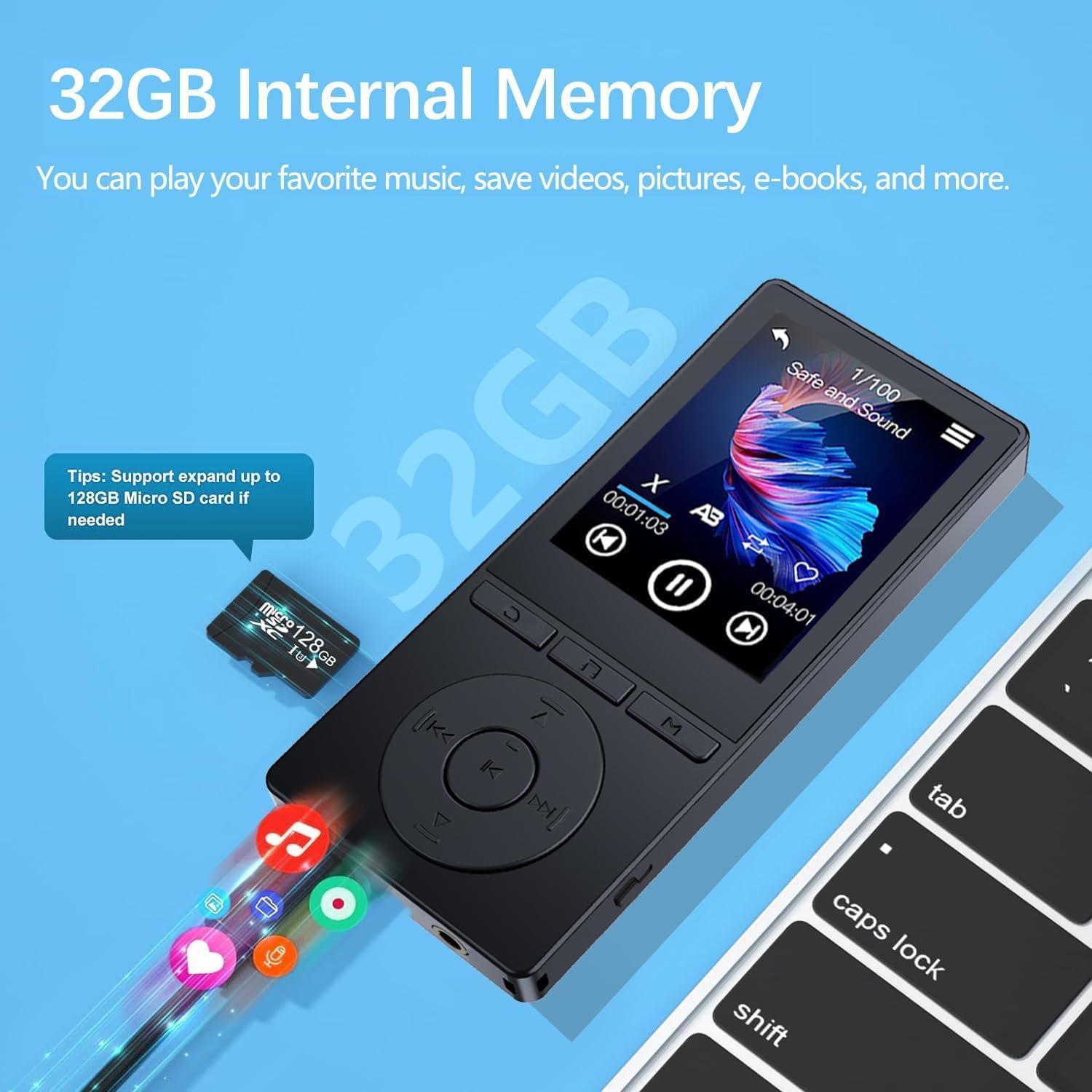 32GB MP3 Player with Bluetooth,Music Player with HiFi Sound for Sports,2.4" Screen MP3 Player Built in HD Speaker Voice Recorder FM Radio