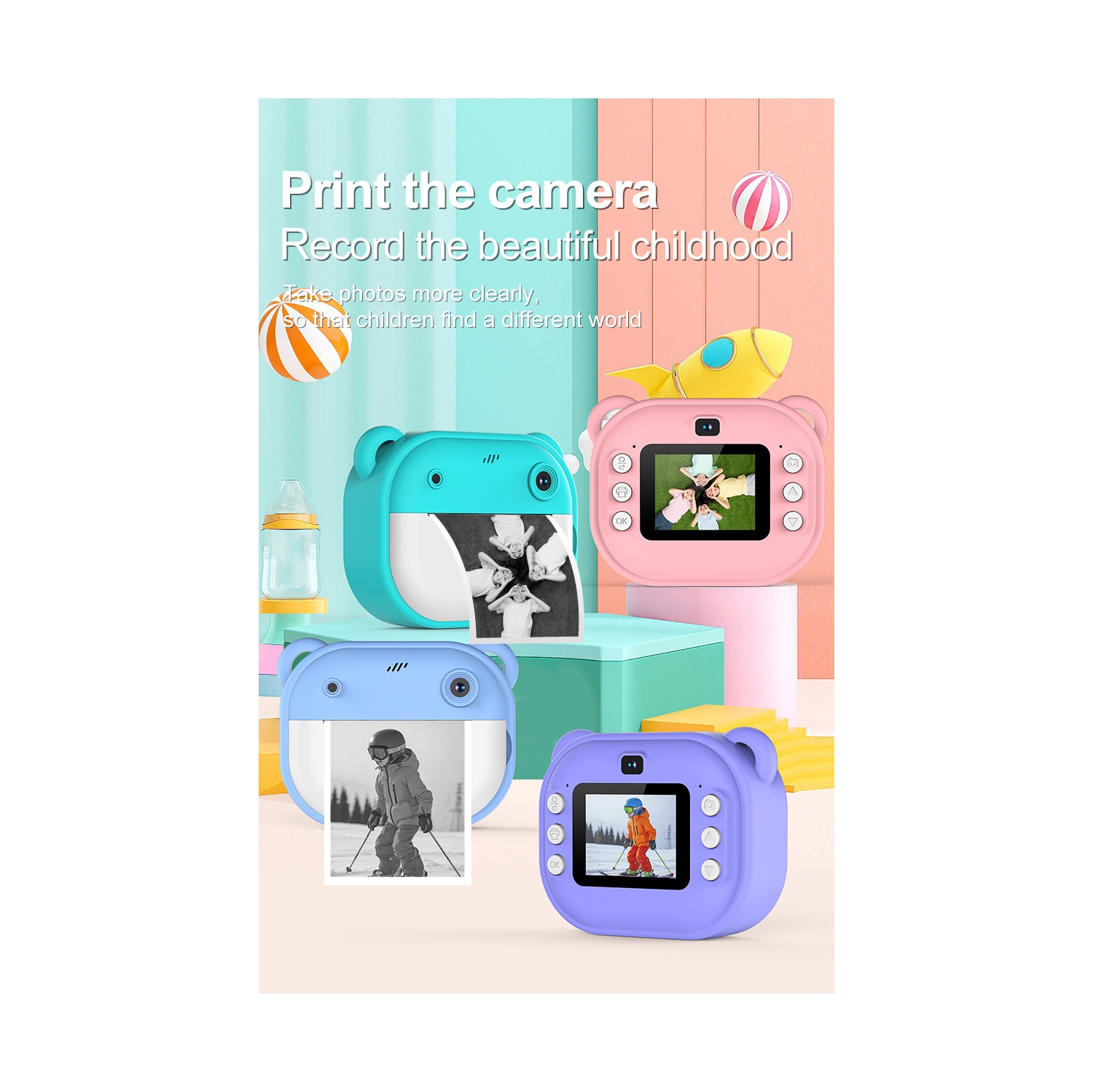 Nouveau Polaroid pour enfants, appareil photo d'impression, jouet photo et vidéo HD à deux objectifs, 4 Mpx HD 1080P - rose sans carte mémoire