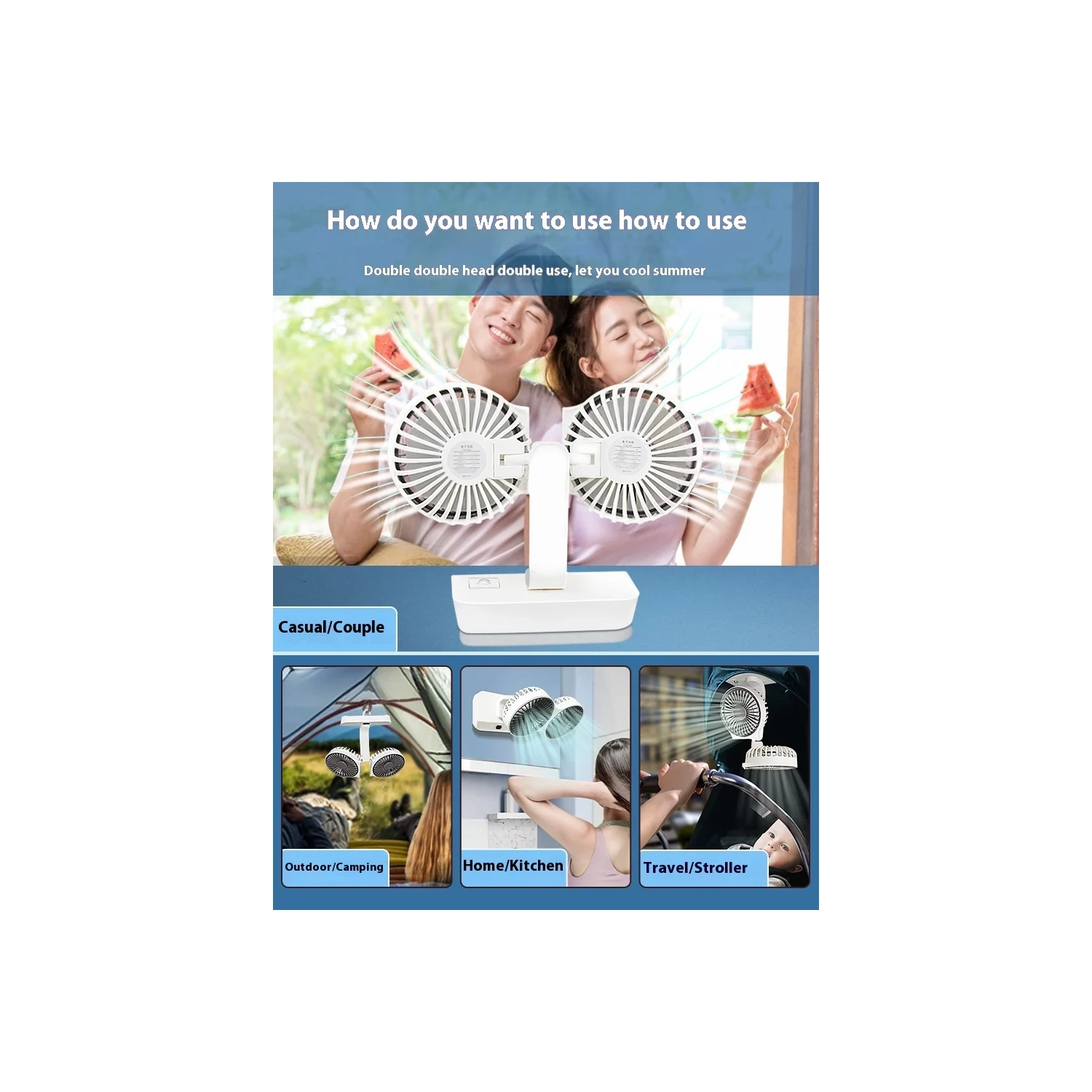Nouveau petit ventilateur électrique de bureau portatif mini rechargeable USB à deux têtes de 360 degrés sans angle mort - tête double tremblement