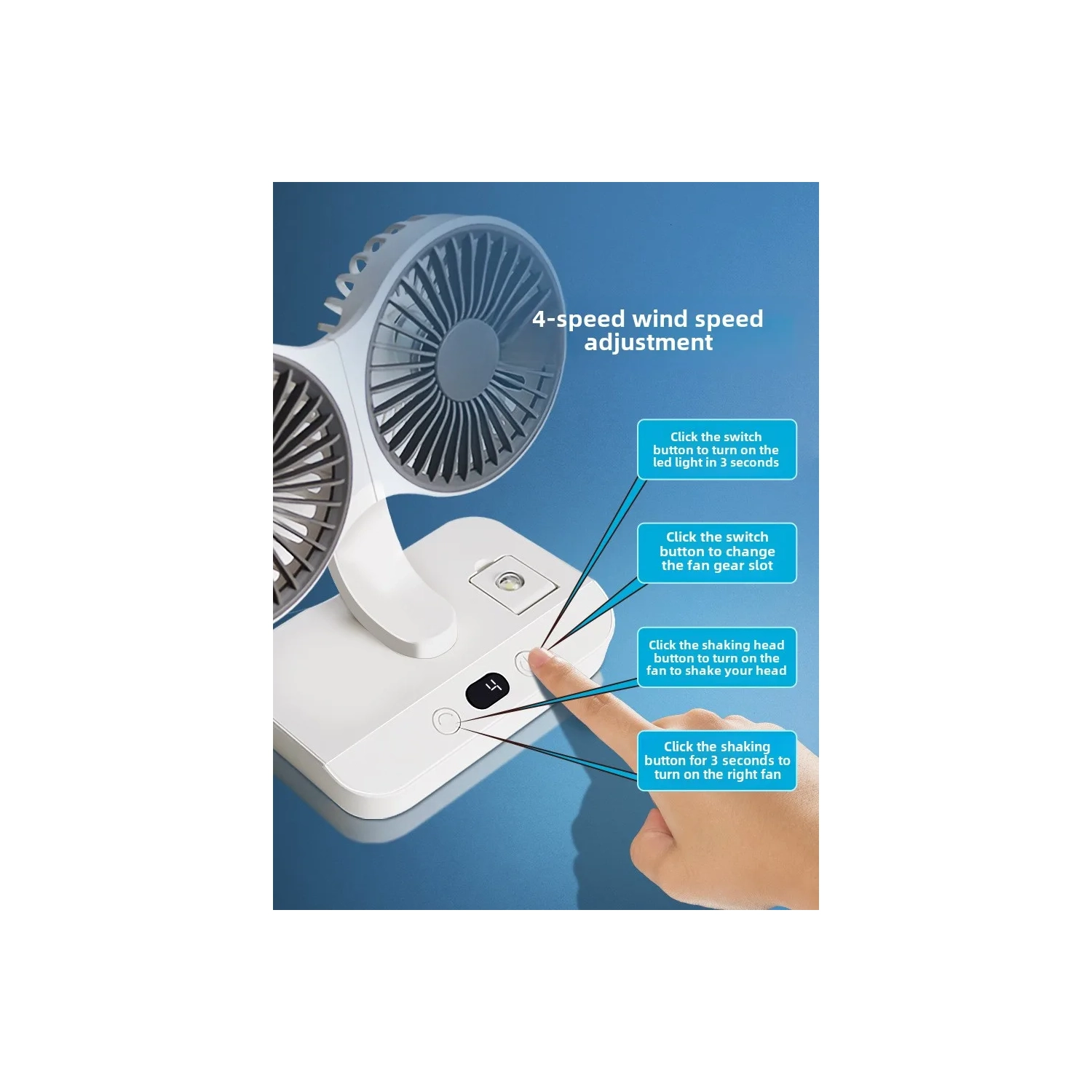 Nouveau petit ventilateur électrique de bureau portatif mini rechargeable USB à deux têtes de 360 degrés sans angle mort - tête double tremblement