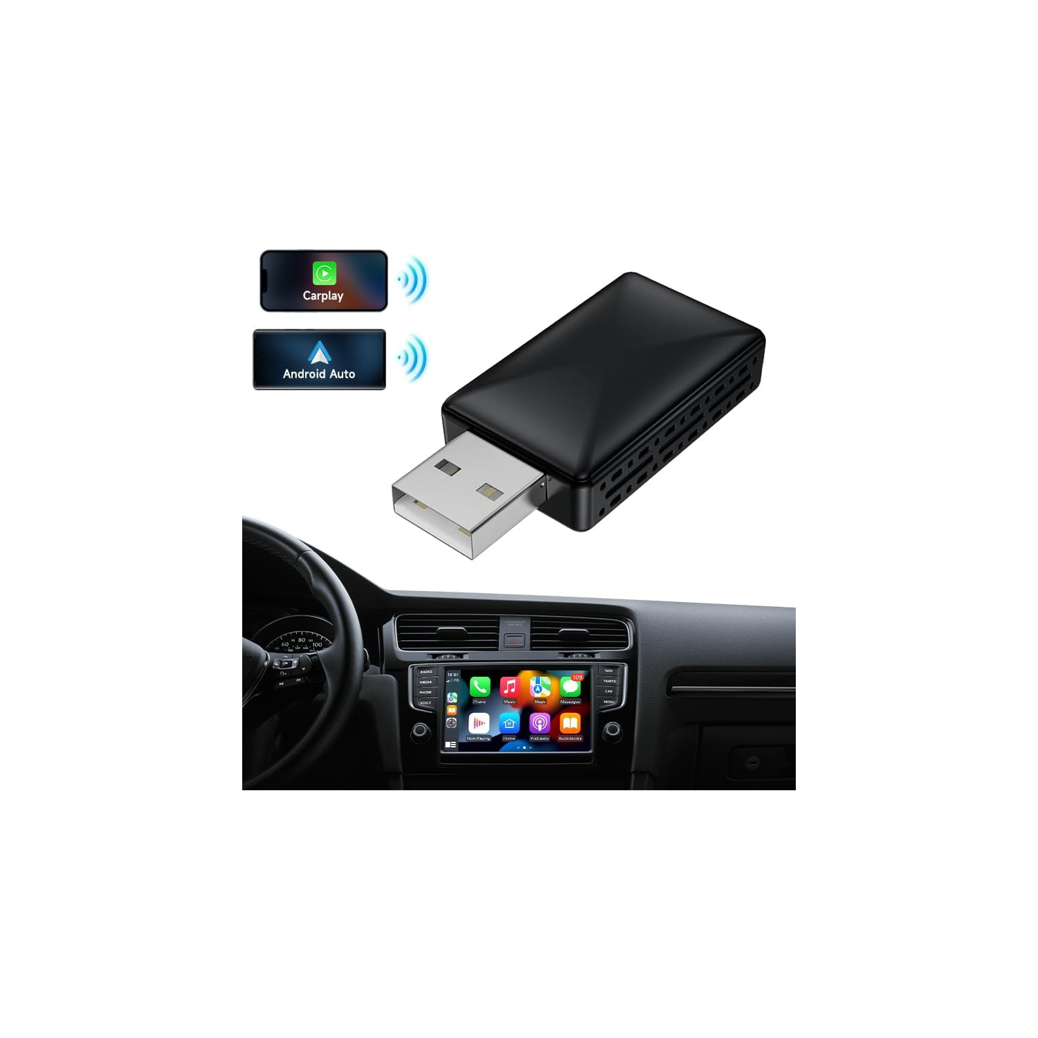 Adaptateur CarPlay sans fil 2 en 1 et adaptateur sans fil Android Auto pour compatibilité USB A/USB C CarPlay avec fil d'origine, connexion rapide