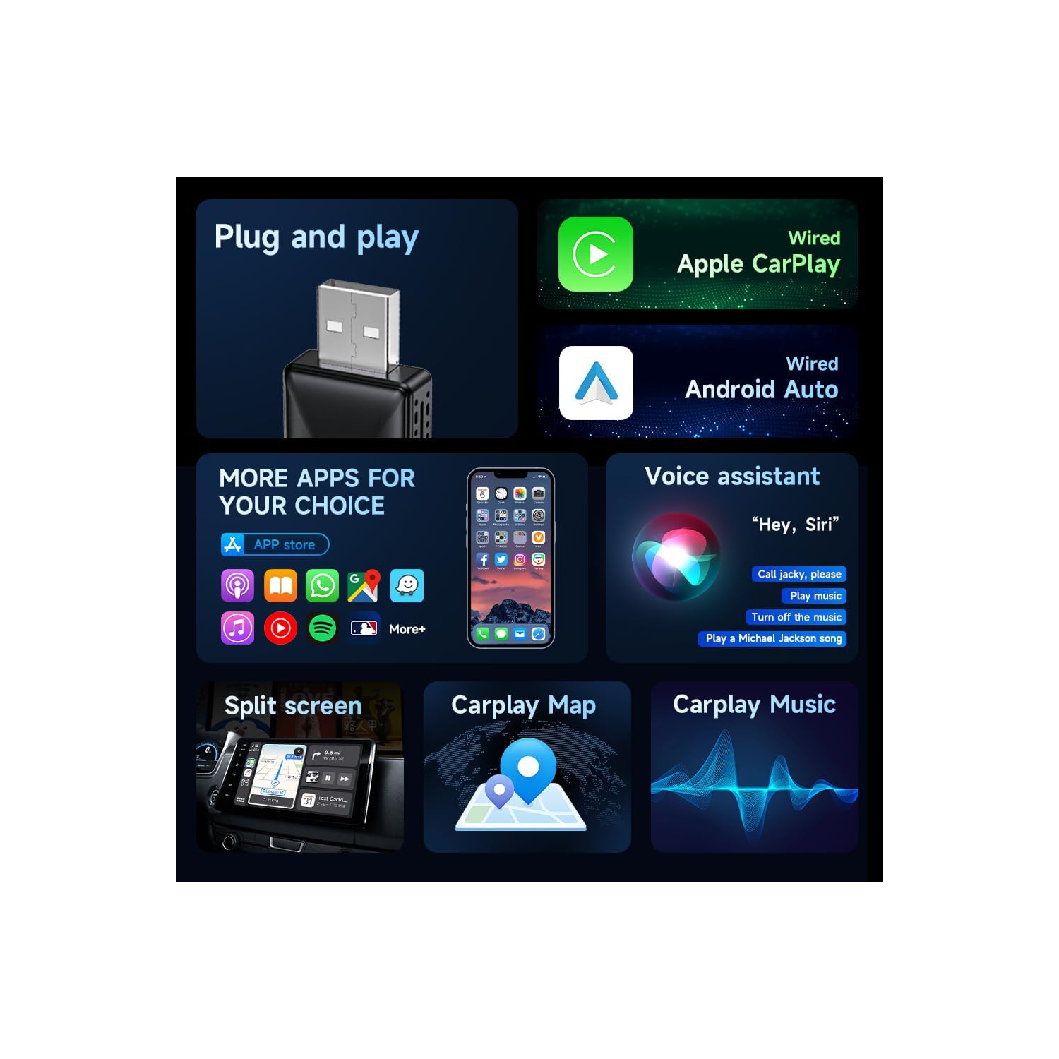 Adaptateur CarPlay sans fil 2 en 1 et adaptateur sans fil Android Auto pour compatibilité USB A/USB C CarPlay avec fil d'origine, connexion rapide