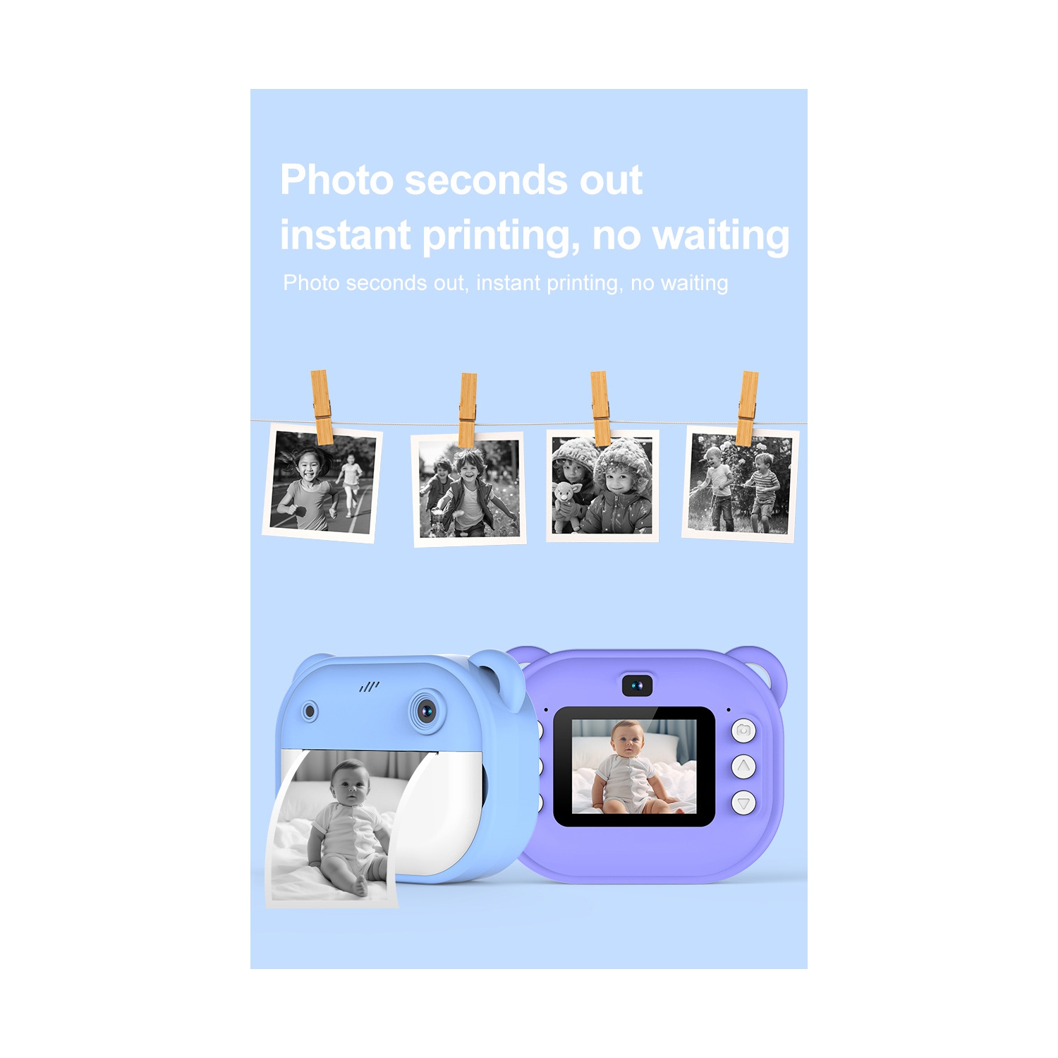 New children's Polaroid, printing camera, HD dual-lens photo and video toy, 4MP HD 1080P - blue without memory card