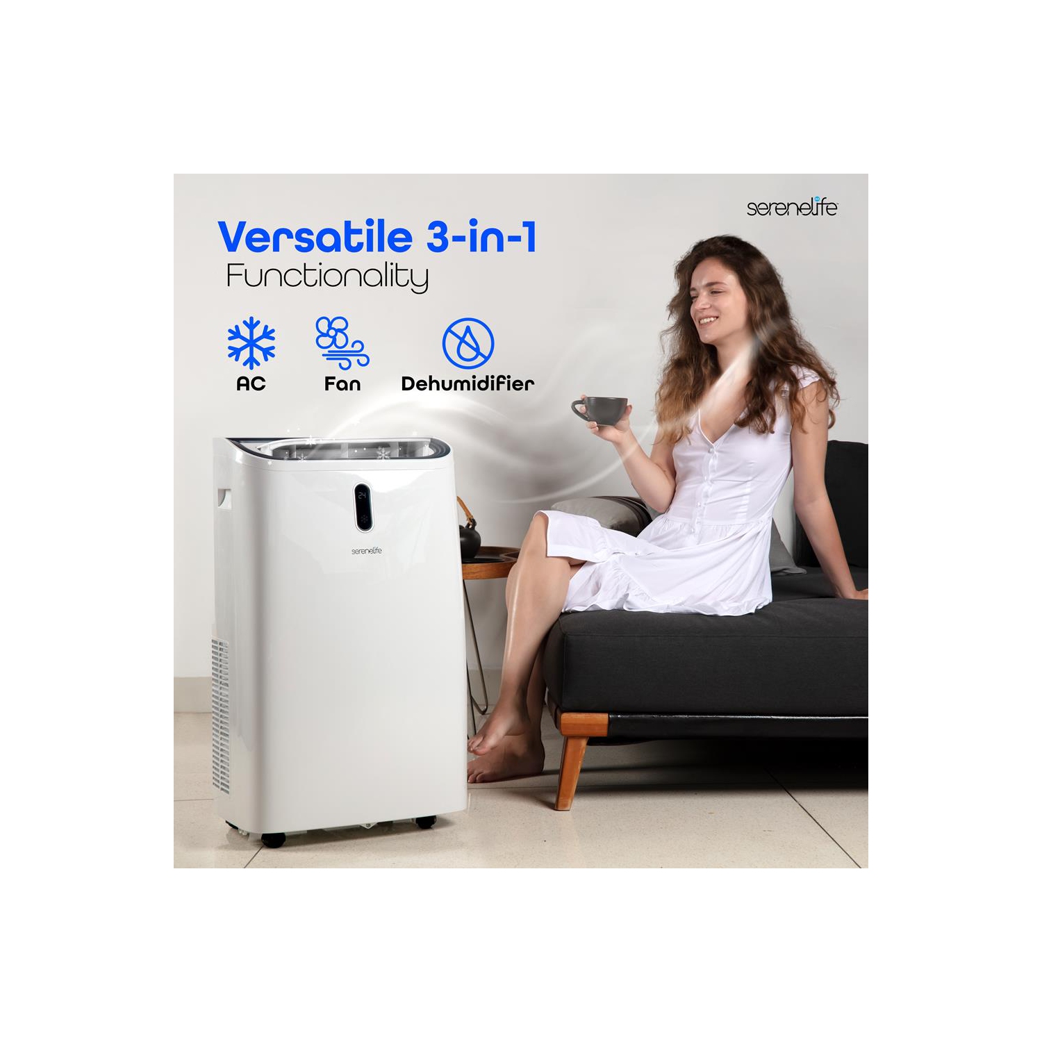 SereneLife Portable AC 12000 BTU, 3-in-1 Cooling, Dehumidifier And Fan Modes, Compact Standing Air Conditioner, Energy Efficient 380 Sq. Ft. Climate