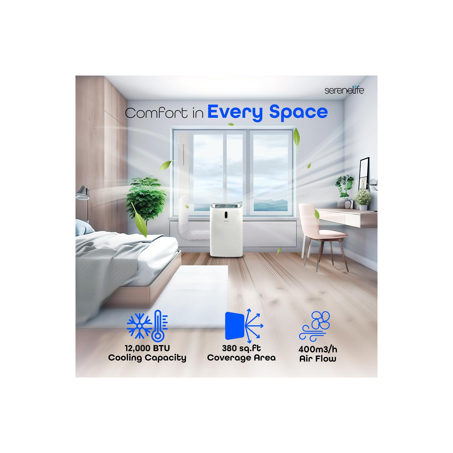 SereneLife Portable AC 12000 BTU, 3-in-1 Cooling, Dehumidifier And Fan Modes, Compact Standing Air Conditioner, Energy Efficient 380 Sq. Ft. Climate