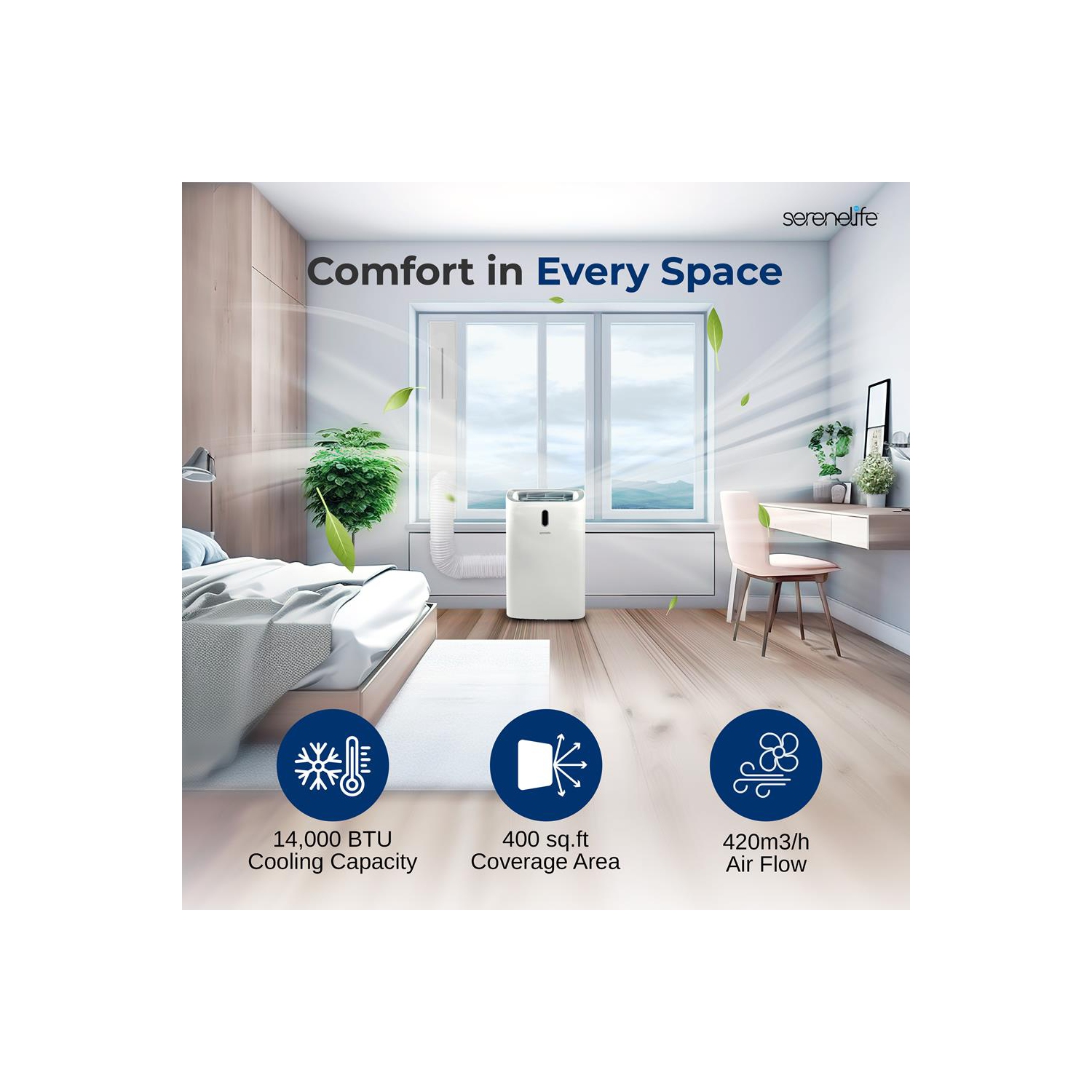 SereneLife Portable AC 14000 BTU, 3-in-1 Cooling, Dehumidifier And Fan Modes, Compact Standing Air Conditioner, Energy Efficient 400 Sq. Ft. Climate