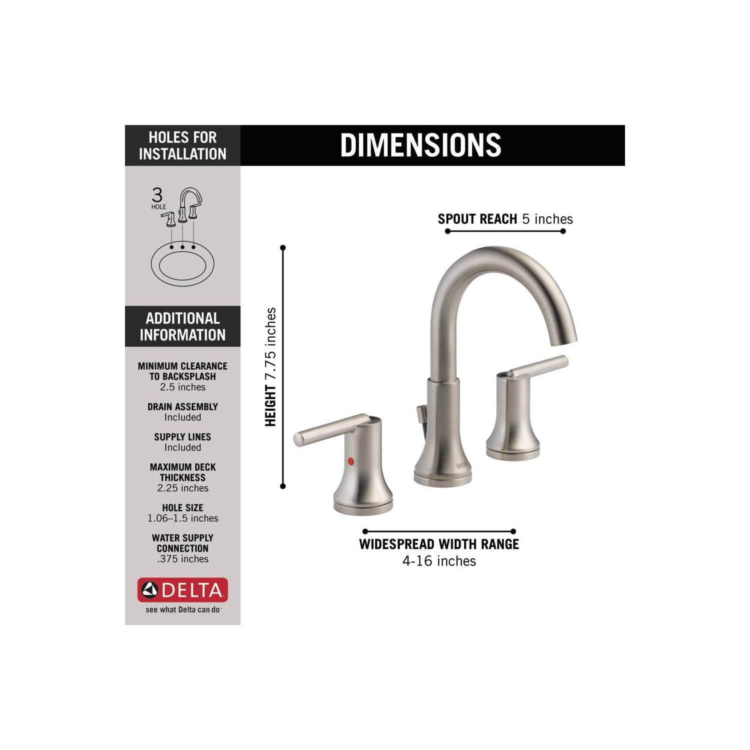 Robinet de salle de bain à large portée Delta Faucet Trinsic, nickel brossé, robinet de salle de bain à 3 trous, technologie Diamond Seal