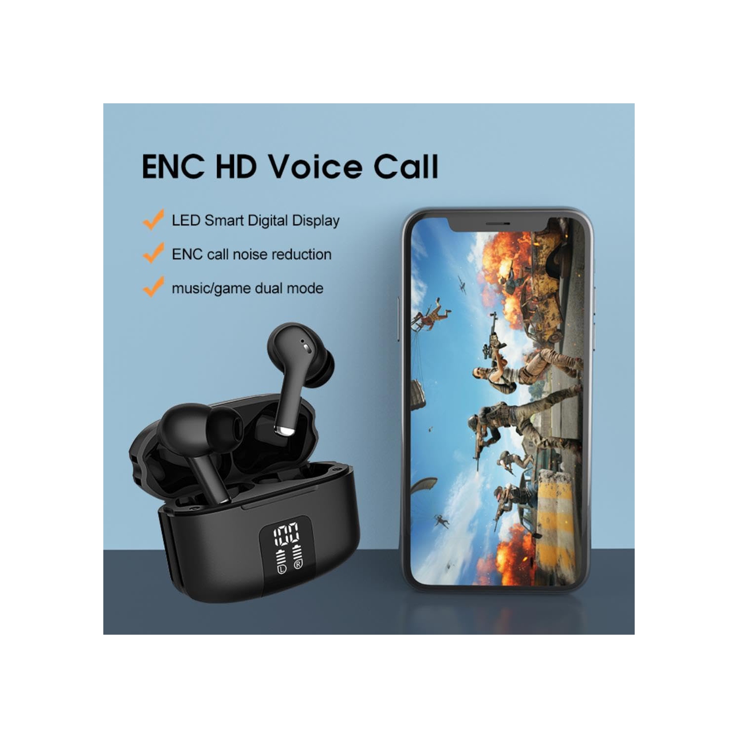 Wireless Bluetooth headset, Bluetooth 5.3 in-ear headset, four-mark ENC call noise reduction, LED display IPX5 waterproof - white