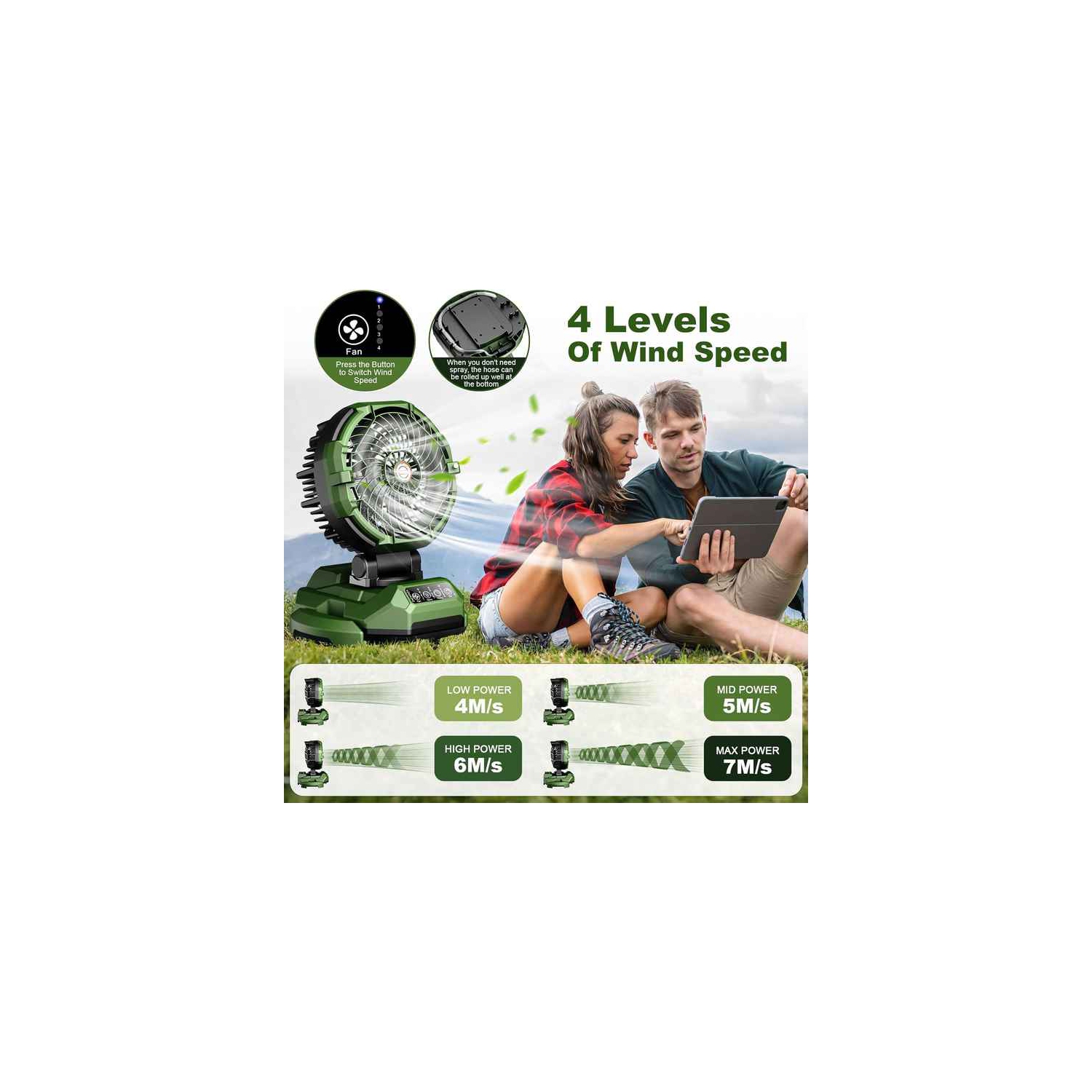 Portable misting fan, 150° rotation, 30000mAh rechargeable battery powered, outdoor cooling fan for patio, barbecue, workplace, adjustable base-yellow