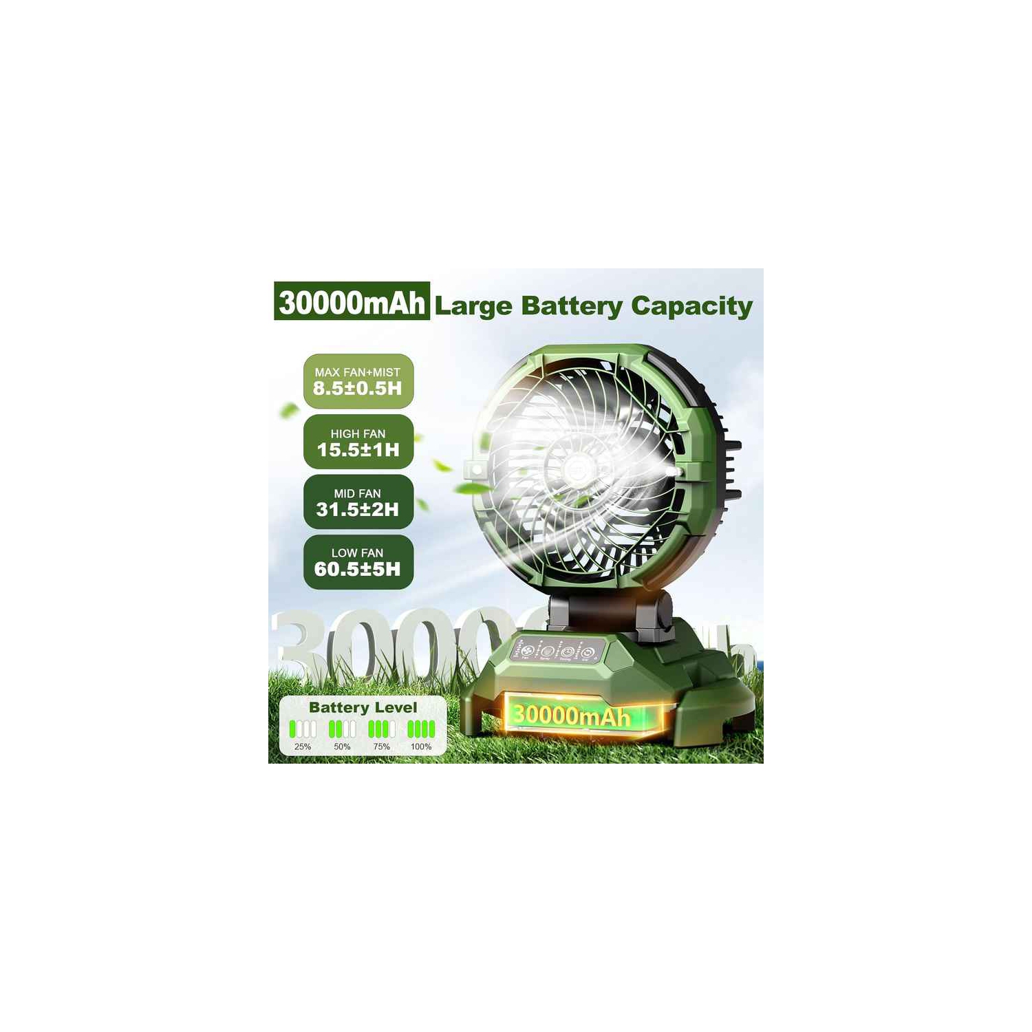 Portable misting fan, 150° rotation, 30000mAh rechargeable battery powered, outdoor cooling fan for patio, barbecue, workplace, adjustable base-orange