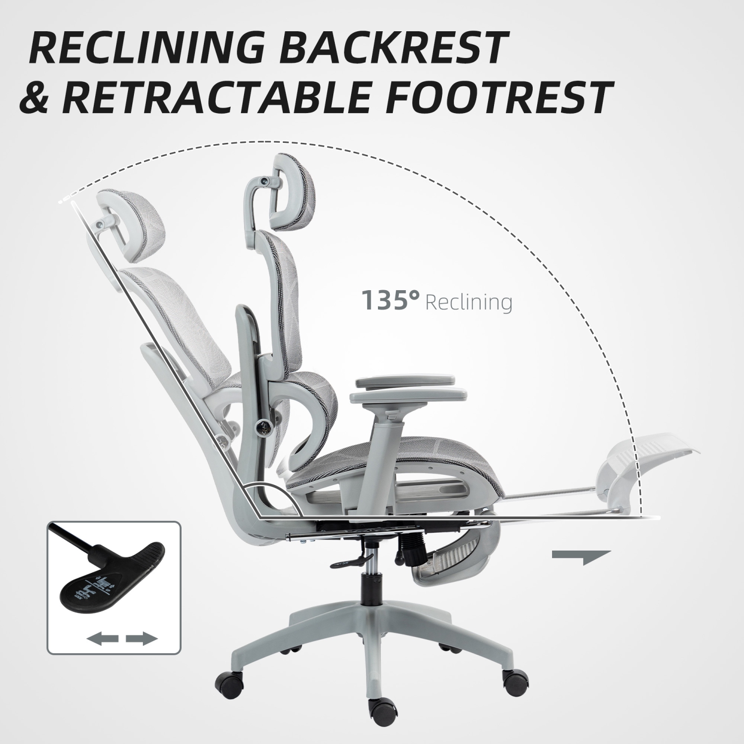 HOMCOM Ergonomic Mesh Office Chair with 3D Armrest, High Back Desk Chair with Lumbar Support, 135° Reclining, Adjustable Headrest, Footrest, Height