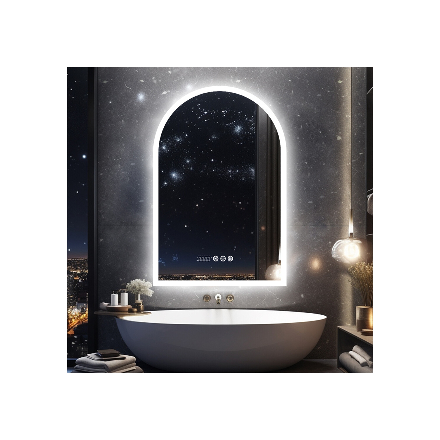 LUVODI Arched Illuminated LED Bathroom Mirror, 24x36 Inch Dimmable Wall Lighted Vanity Mirror with Time Temperature Dispaly Anti-fog Smart Switch 3