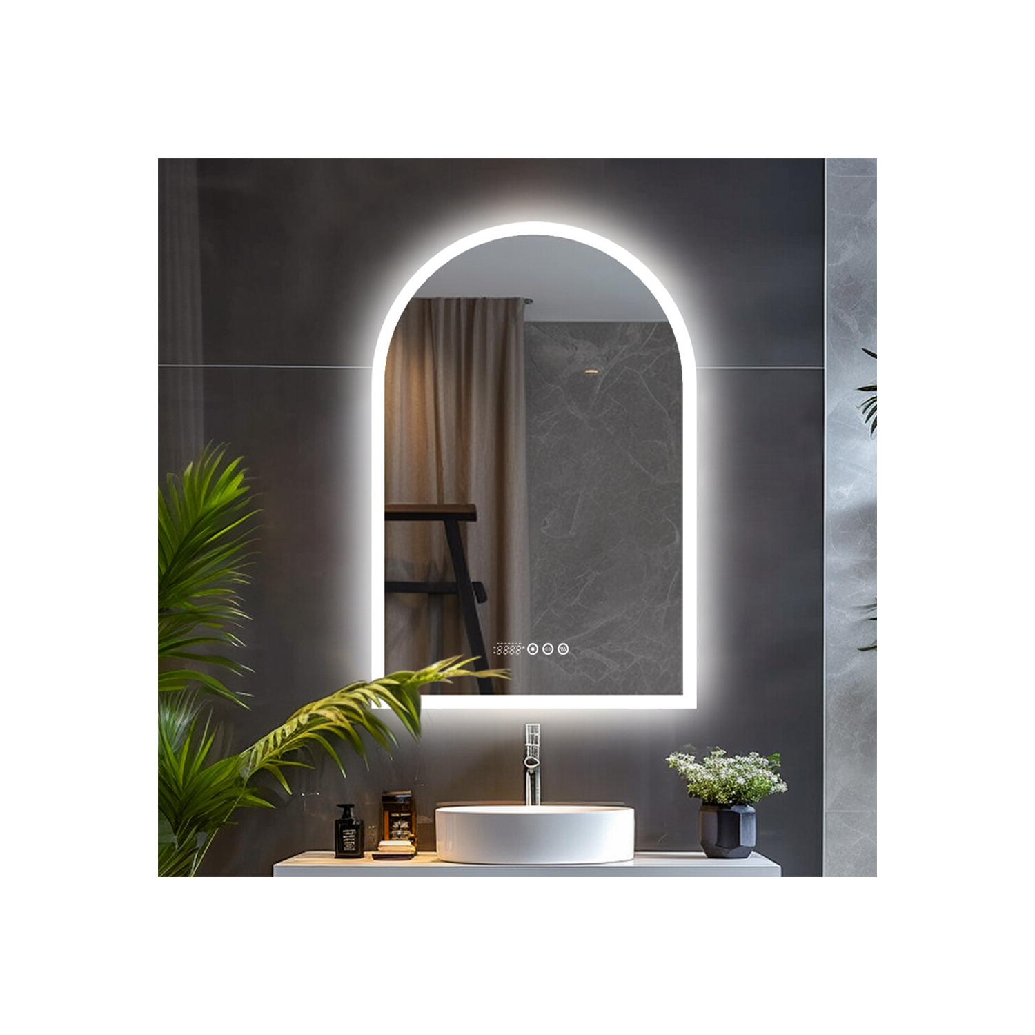LUVODI Arched Illuminated LED Bathroom Mirror, 24x36 Inch Dimmable Wall Lighted Vanity Mirror with Time Temperature Dispaly Anti-fog Smart Switch 3