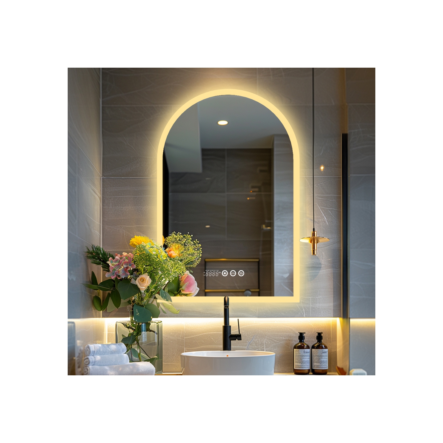 LUVODI Arched Illuminated LED Bathroom Mirror, 24x36 Inch Dimmable Wall Lighted Vanity Mirror with Time Temperature Dispaly Anti-fog Smart Switch 3