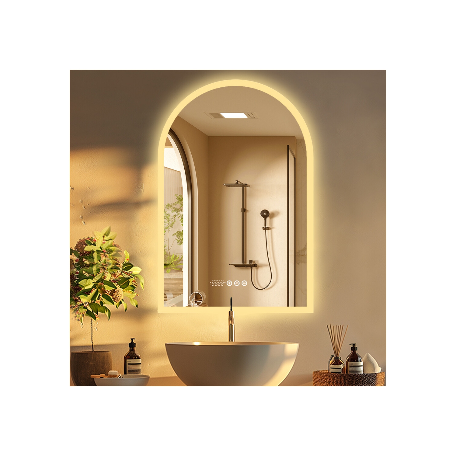 LUVODI Arched Illuminated LED Bathroom Mirror, 24x36 Inch Dimmable Wall Lighted Vanity Mirror with Time Temperature Dispaly Anti-fog Smart Switch 3
