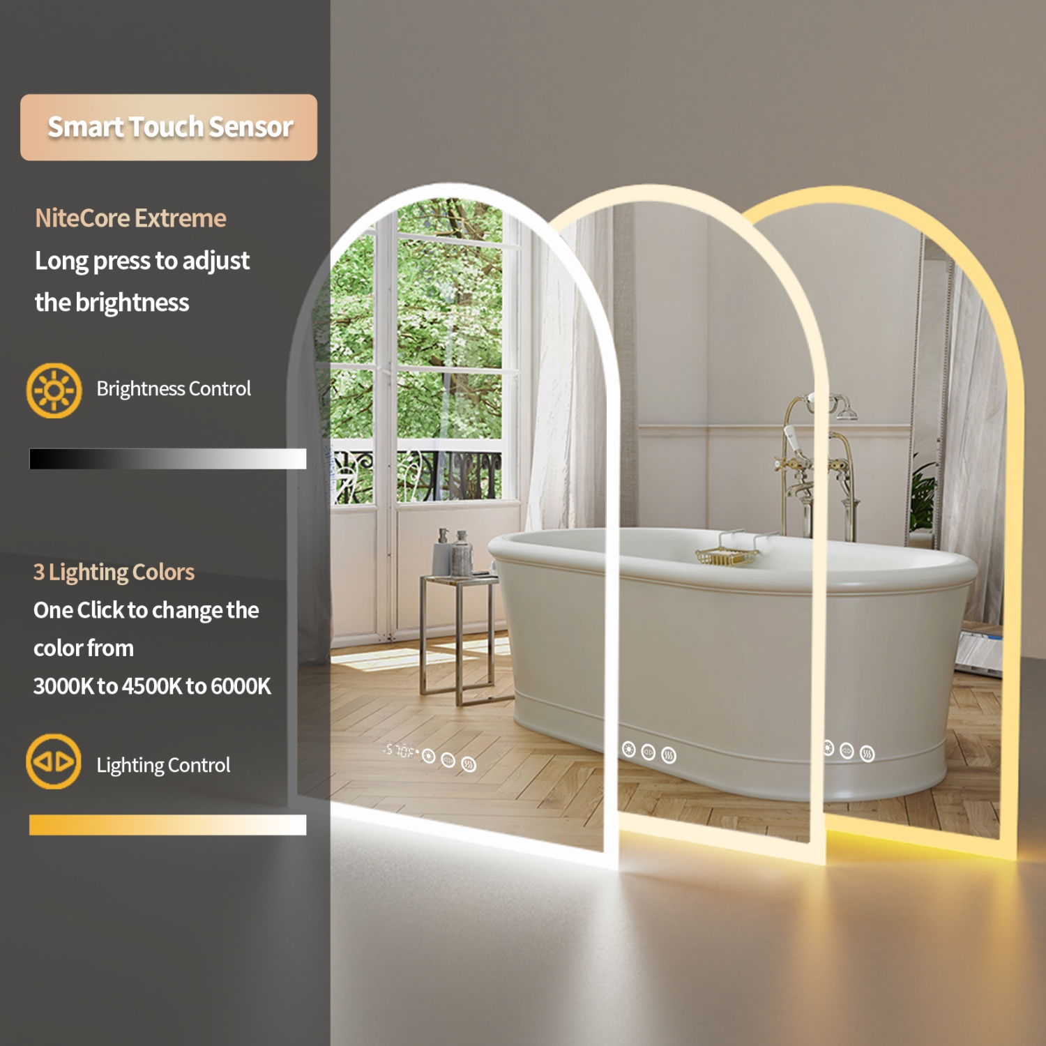 LUVODI Arched Illuminated LED Bathroom Mirror, 24x36 Inch Dimmable Wall Lighted Vanity Mirror with Time Temperature Dispaly Anti-fog Smart Switch 3