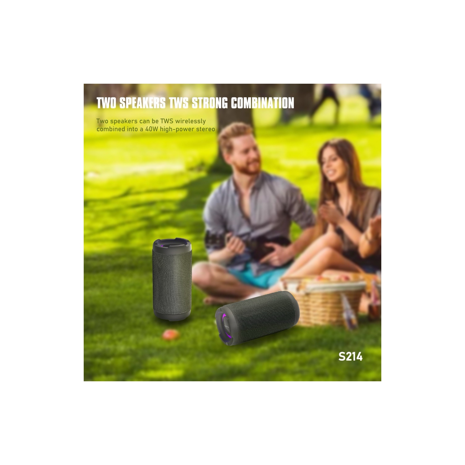 LENYES S214 Outdoor Speaker | 20 W Dual-Driver • BT 5.3 Low-Latency • IPX7 Waterproof • RGB Mood Ring & Dual-Side Logo • 1500 mAh = 10 h Play • TWS