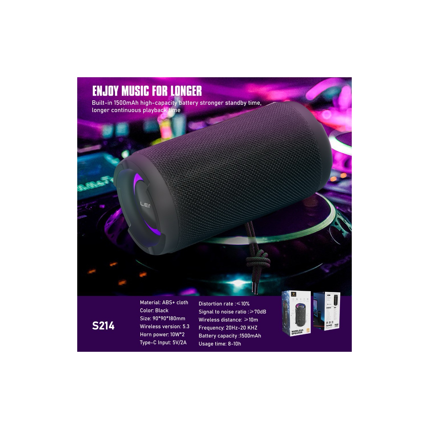 LENYES S214 Outdoor Speaker | 20 W Dual-Driver • BT 5.3 Low-Latency • IPX7 Waterproof • RGB Mood Ring & Dual-Side Logo • 1500 mAh = 10 h Play • TWS
