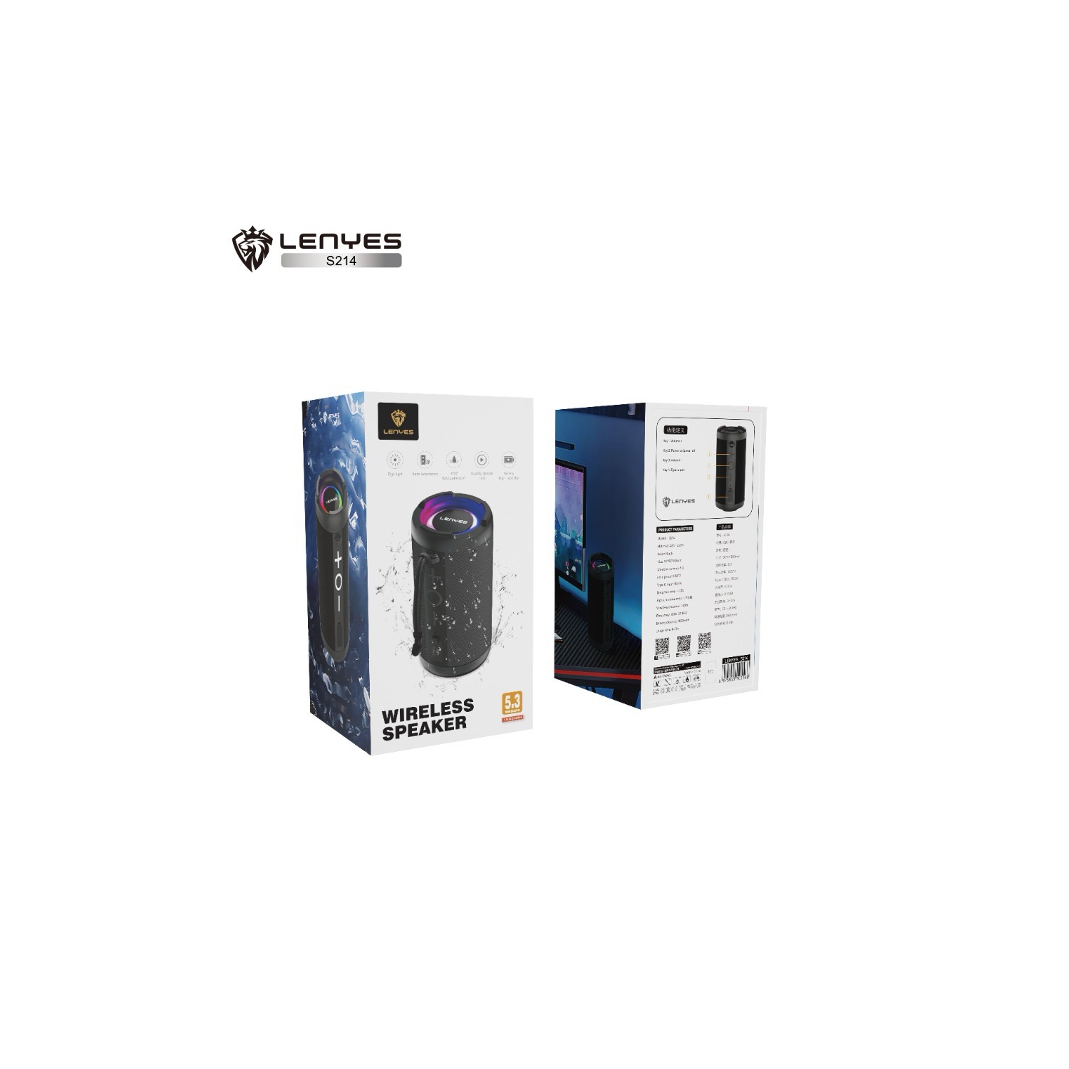 LENYES S214 Outdoor Speaker | 20 W Dual-Driver • BT 5.3 Low-Latency • IPX7 Waterproof • RGB Mood Ring & Dual-Side Logo • 1500 mAh = 10 h Play • TWS