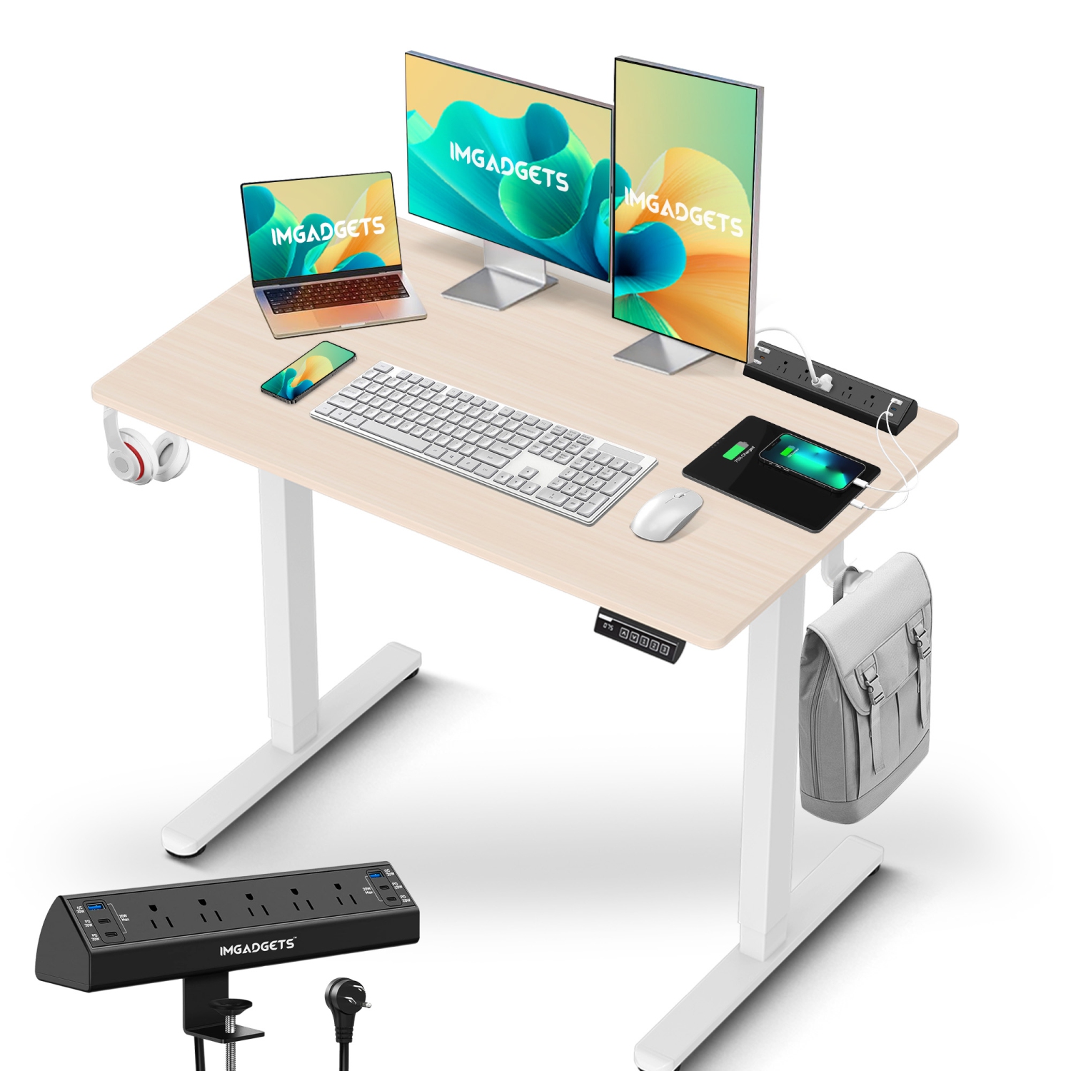Bureau assis/debout électrique d'IMGadgets avec barre d’alimentation GRATUITE | Surface de 40 x 24 po avec 2 crochets | Ergonomique | 3 mémoires de