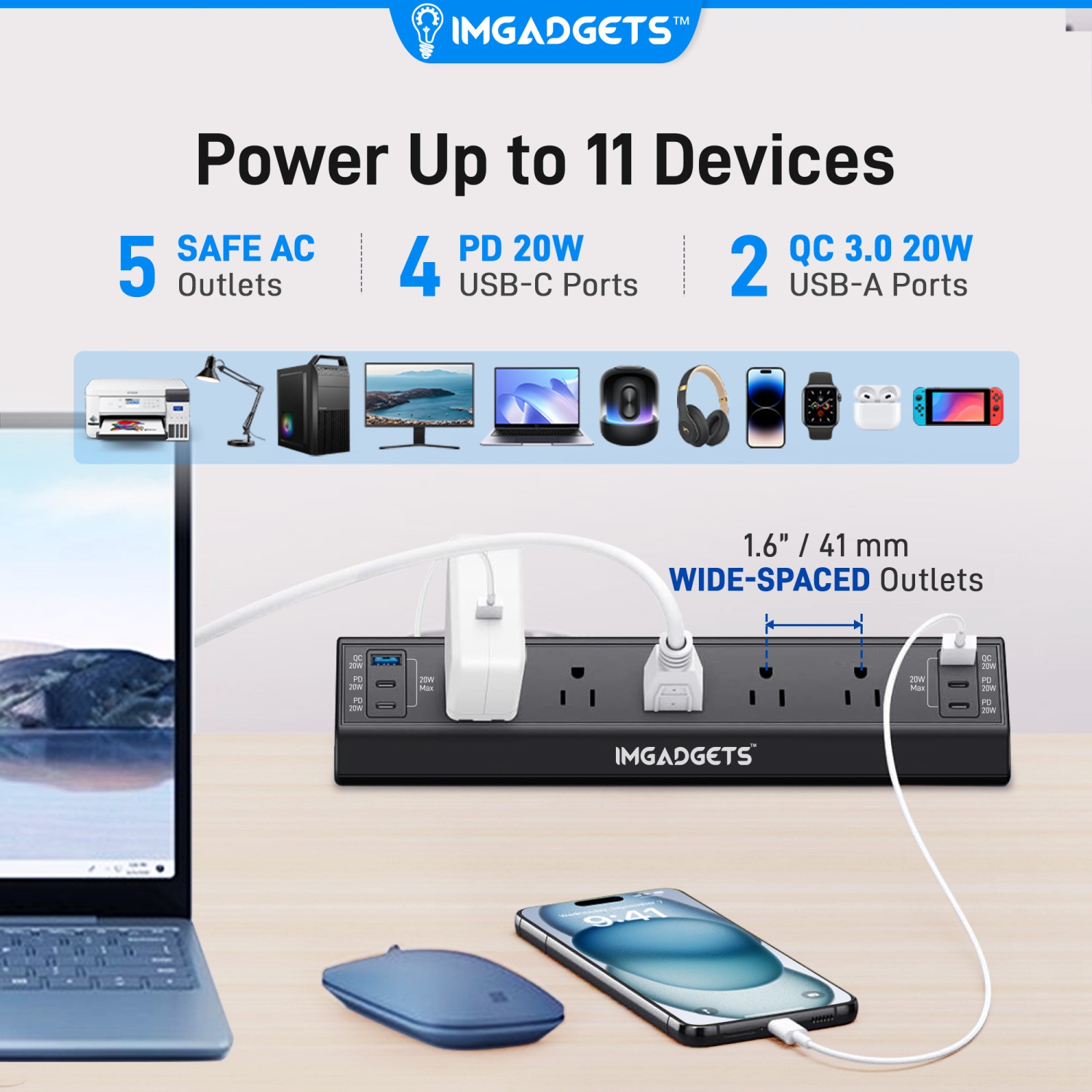 Bureau assis/debout électrique d'IMGadgets avec barre d’alimentation GRATUITE | Surface de 40 x 24 po avec 2 crochets | Ergonomique | 3 mémoires de