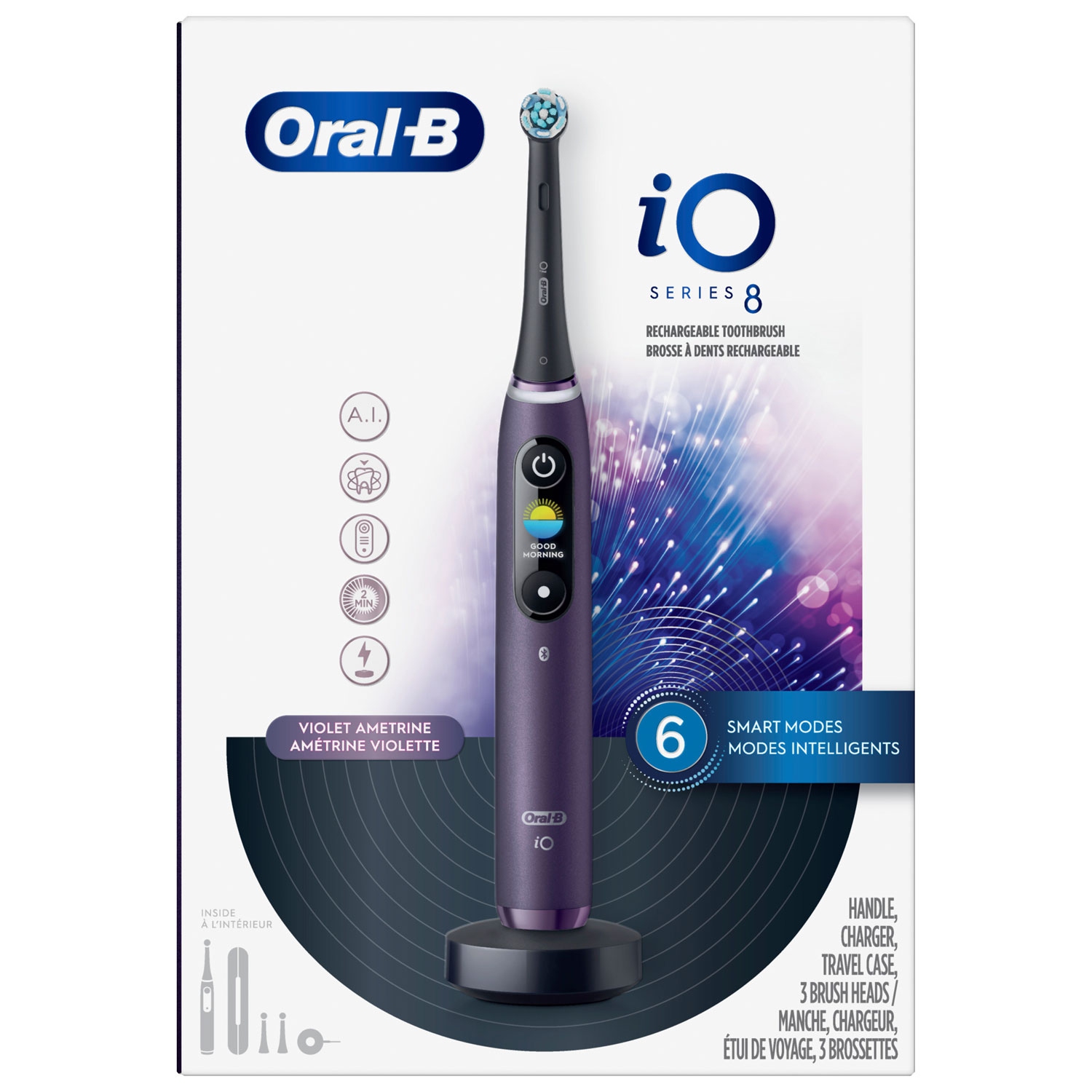Brosse à dents électrique iO Series 8 d'Oral-B avec 2 têtes de brosse de rechange, amétrine violette