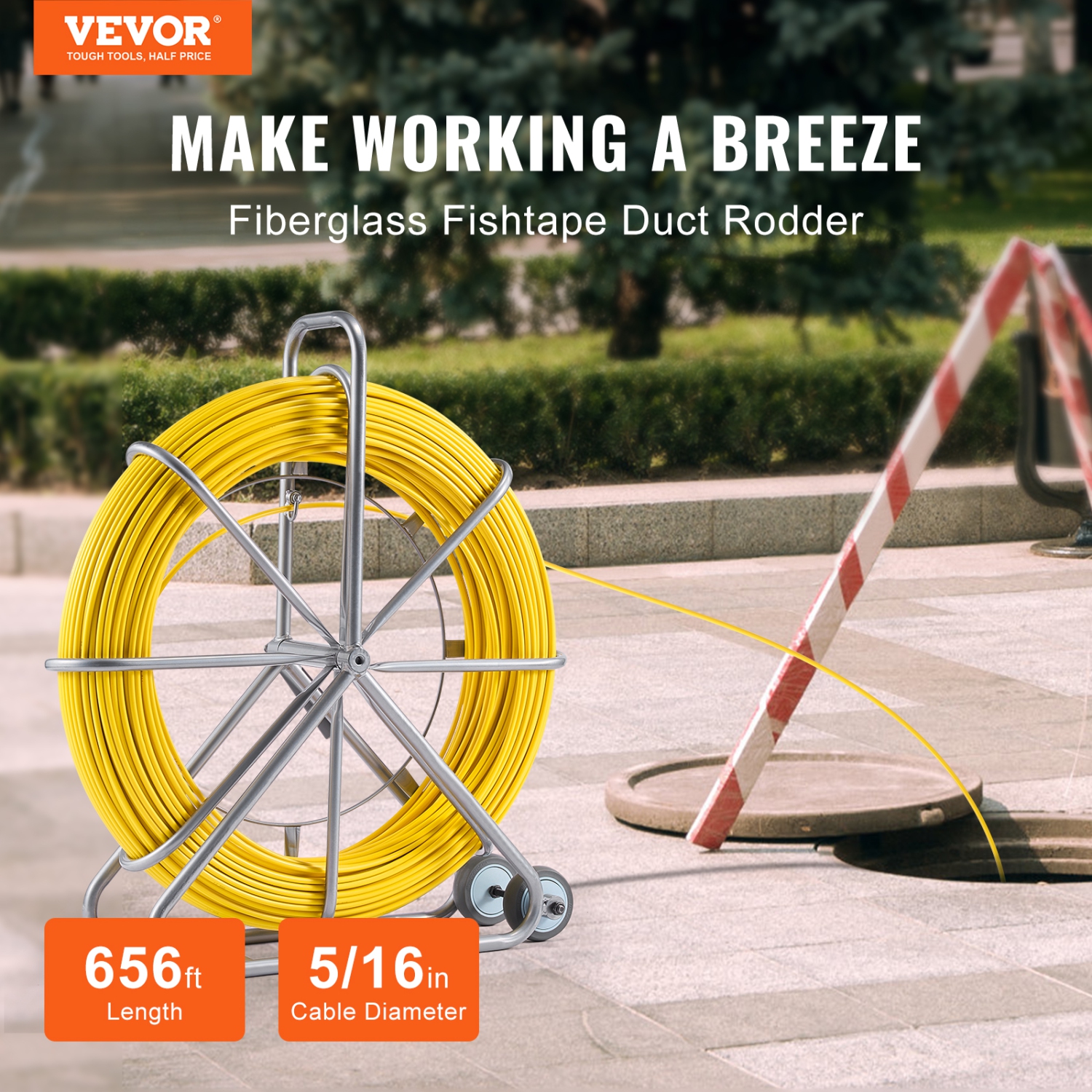 VEVOR 656 ft, 5/16 inFish Tape Fiberglass, Duct Rodder Fishtape Wire Puller, Cable Running Rod with Steel Reel Stand, 3 Pulling Heads, Fishing Tools