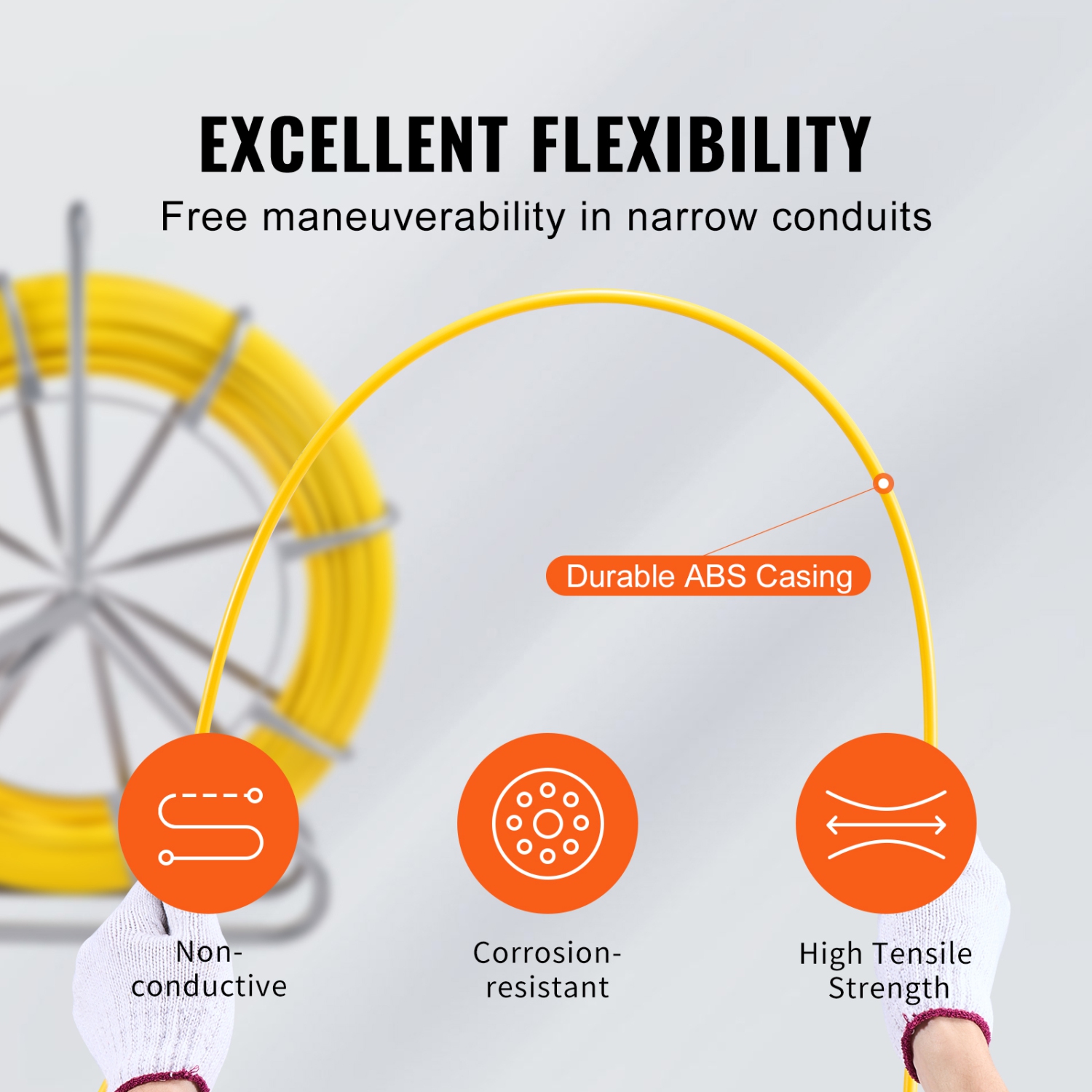 VEVOR 656 ft, 5/16 inFish Tape Fiberglass, Duct Rodder Fishtape Wire Puller, Cable Running Rod with Steel Reel Stand, 3 Pulling Heads, Fishing Tools