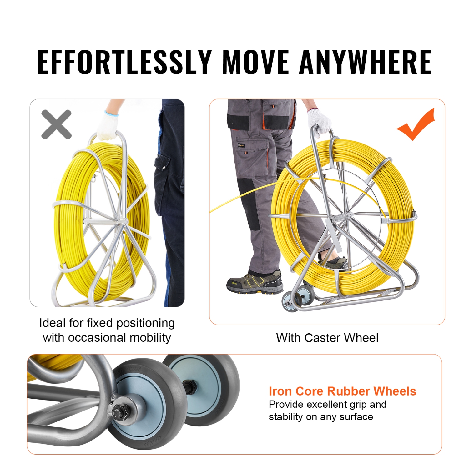 VEVOR 656 ft, 5/16 inFish Tape Fiberglass, Duct Rodder Fishtape Wire Puller, Cable Running Rod with Steel Reel Stand, 3 Pulling Heads, Fishing Tools