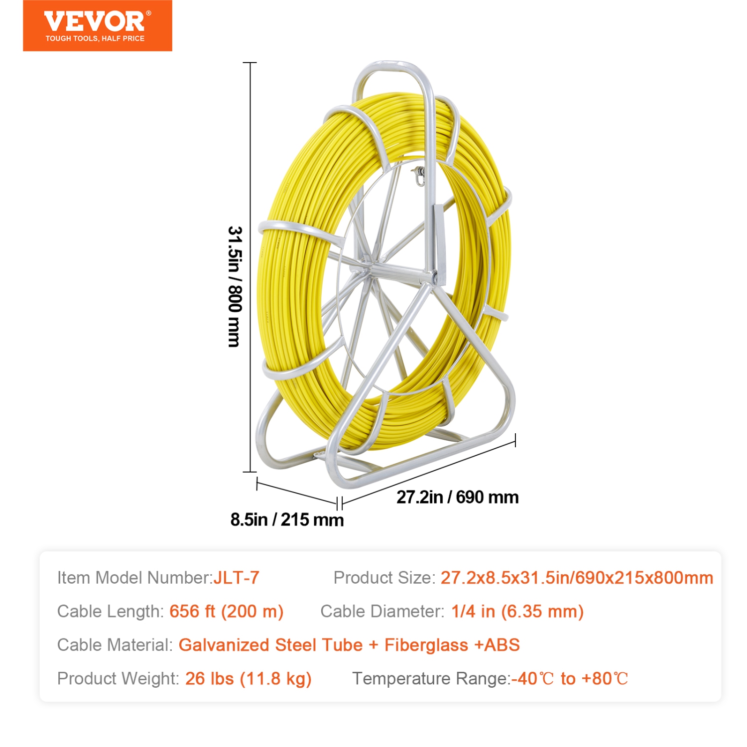 VEVOR 656 ft, 1/4 inch Fish Tape Fiberglass, Duct Rodder Fishtape Wire Puller, Cable Running Rod with Steel Reel Stand, 3 Pulling Heads, Fishing