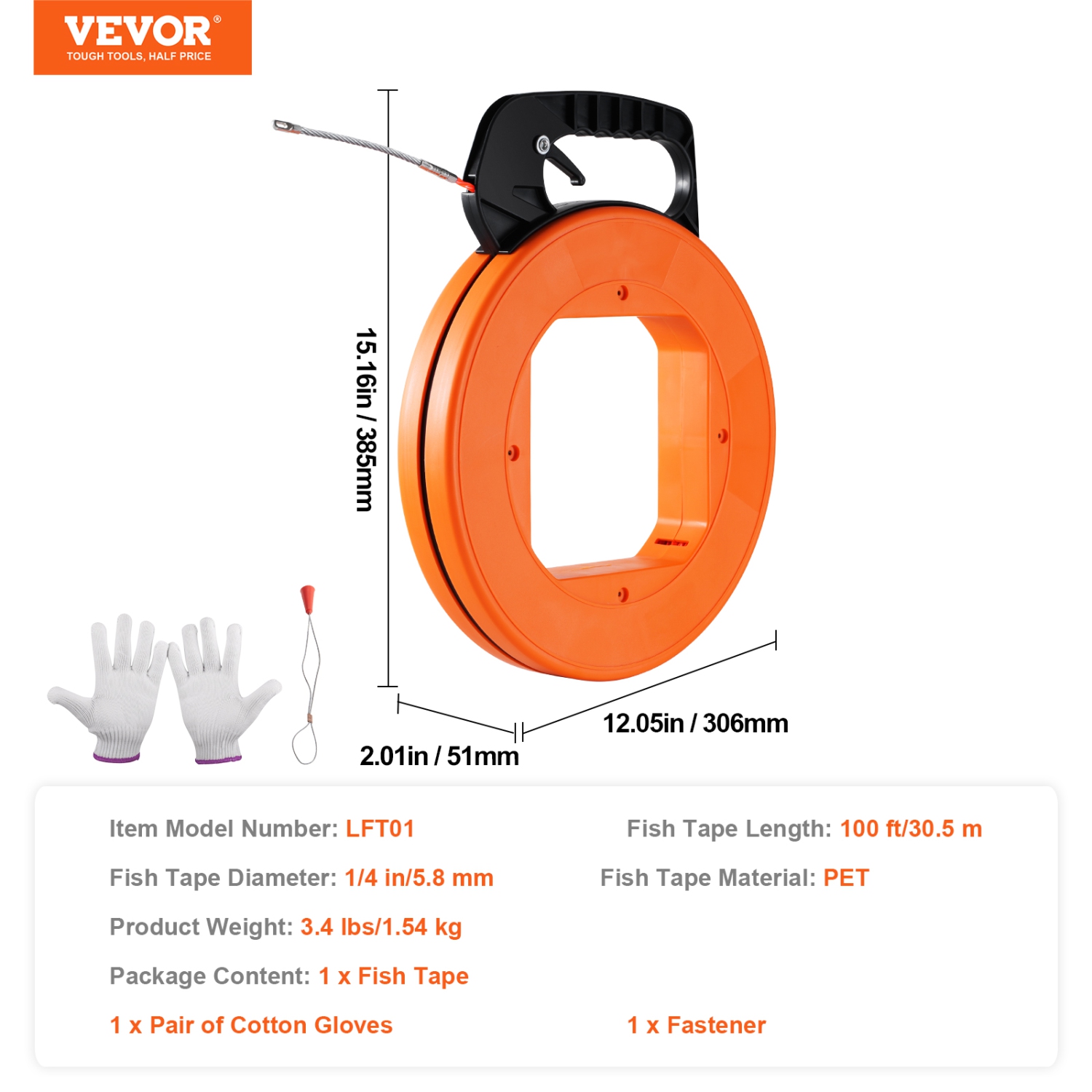 VEVOR 100-foot, 1/4-inch Fish Tape, PET Wire Puller with Optimized Housing and Handle, Easy-to-Use Cable Puller Tool, Flexible Wire Fishing Tools for