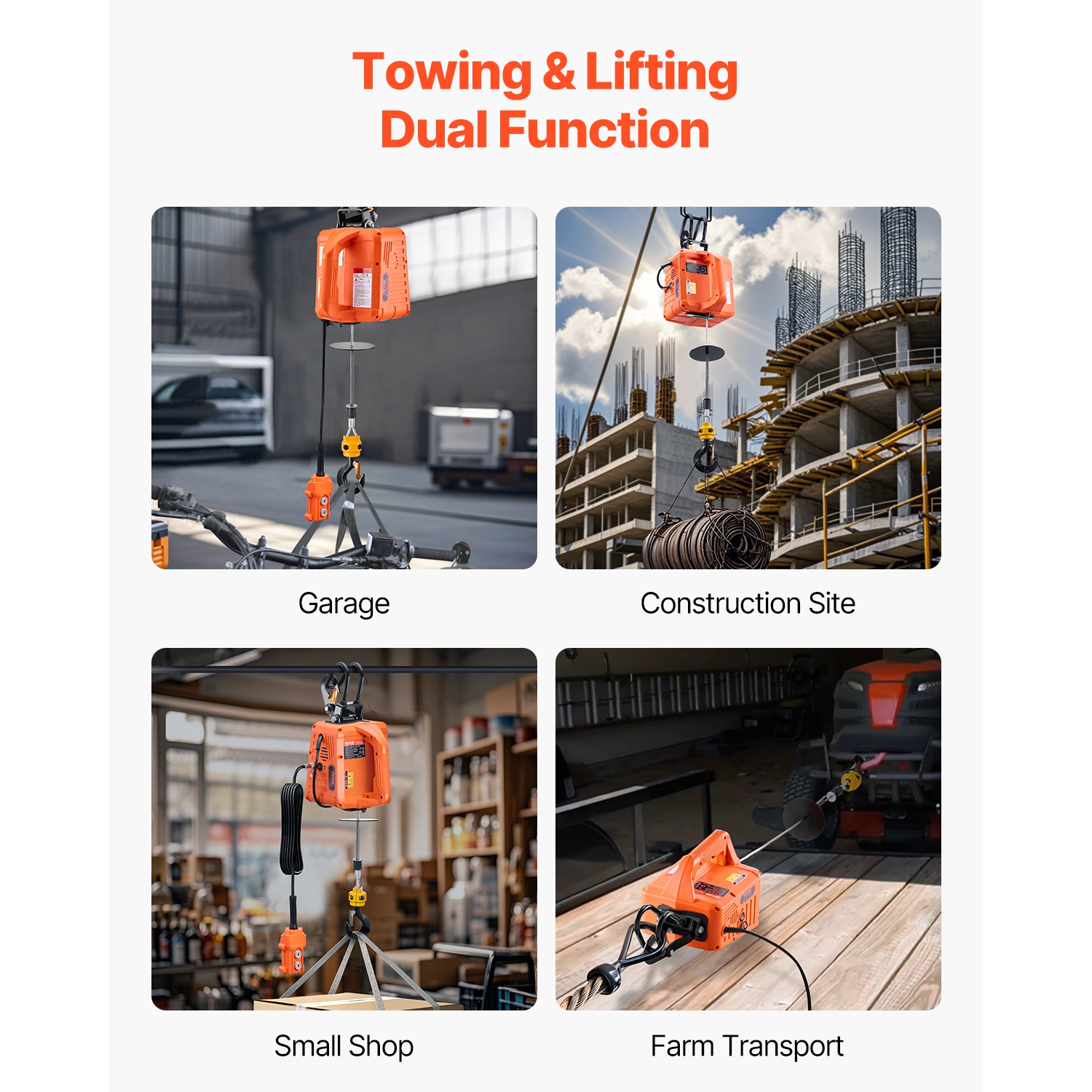 Treuil de levage électrique 3-en-1 VEVOR, capacité 1100&nbsp;lb, treuil portatif 1500&nbsp;W, hauteur de levage 30&nbsp;pi, 16&nbsp;pi/min avec fil