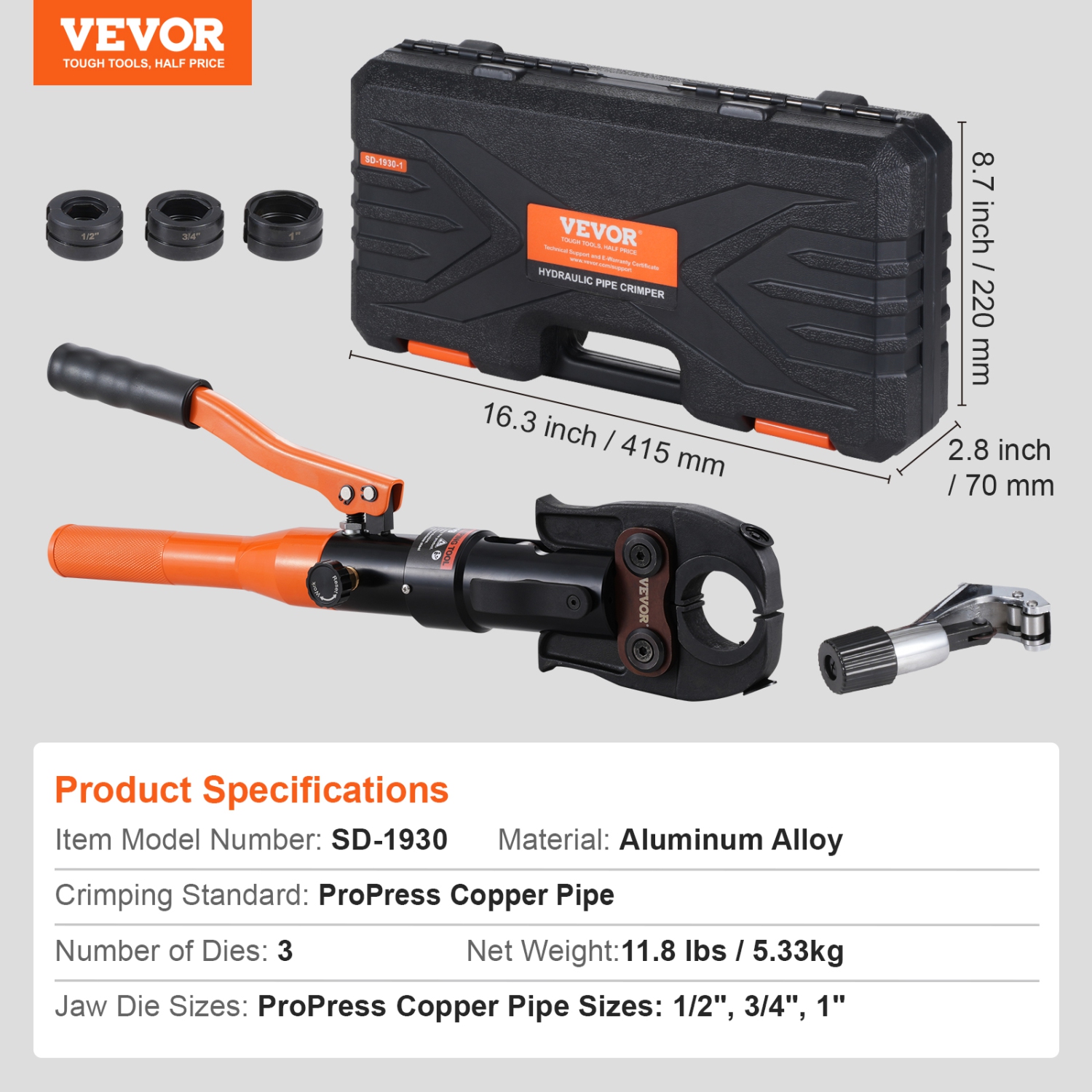VEVOR Copper Pipe Crimping Tool, Hydraulic Driven Press Tool with 1/2", 3/4", 1" Jaws, Copper Tube Fittings Pipe Crimpers for Narrow Spaces and Tee