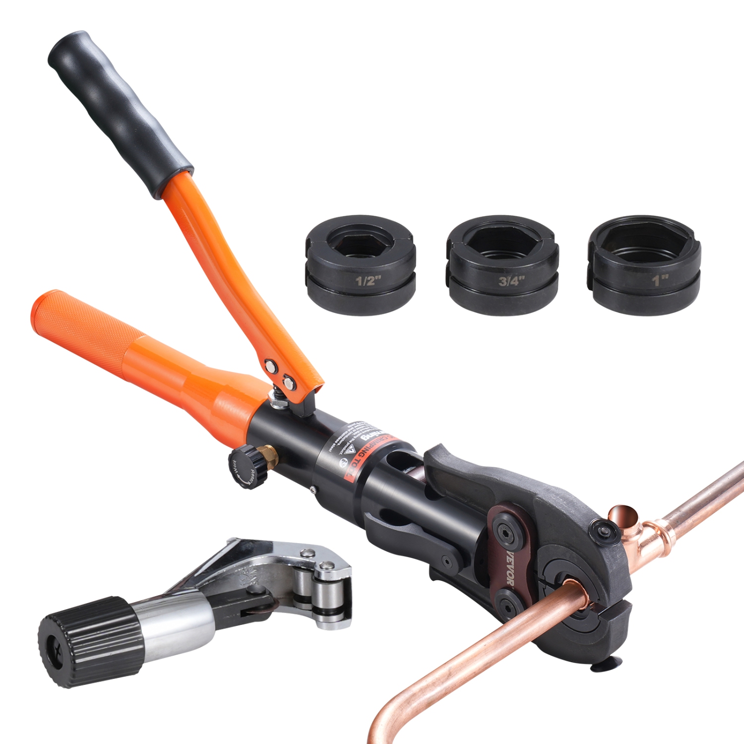 VEVOR Copper Pipe Crimping Tool, Hydraulic Driven Press Tool with 1/2", 3/4", 1" Jaws, Copper Tube Fittings Pipe Crimpers for Narrow Spaces and Tee