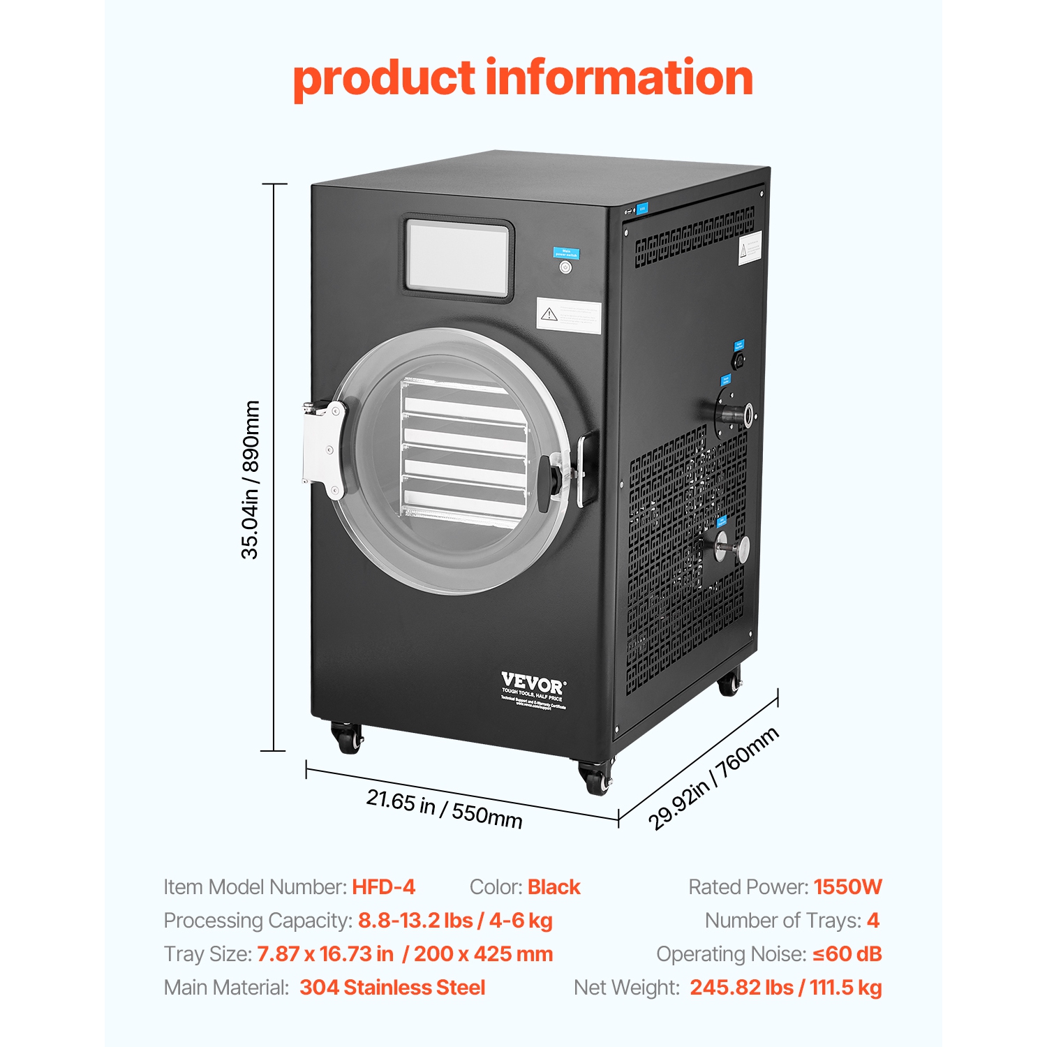 Sécheuse à vide VEVOR Freeze, sèche-linge de 8,8 à 13,2 LB avec plateaux à 4 couches, pompe à vide, minuterie réglable et contrôle de la température,